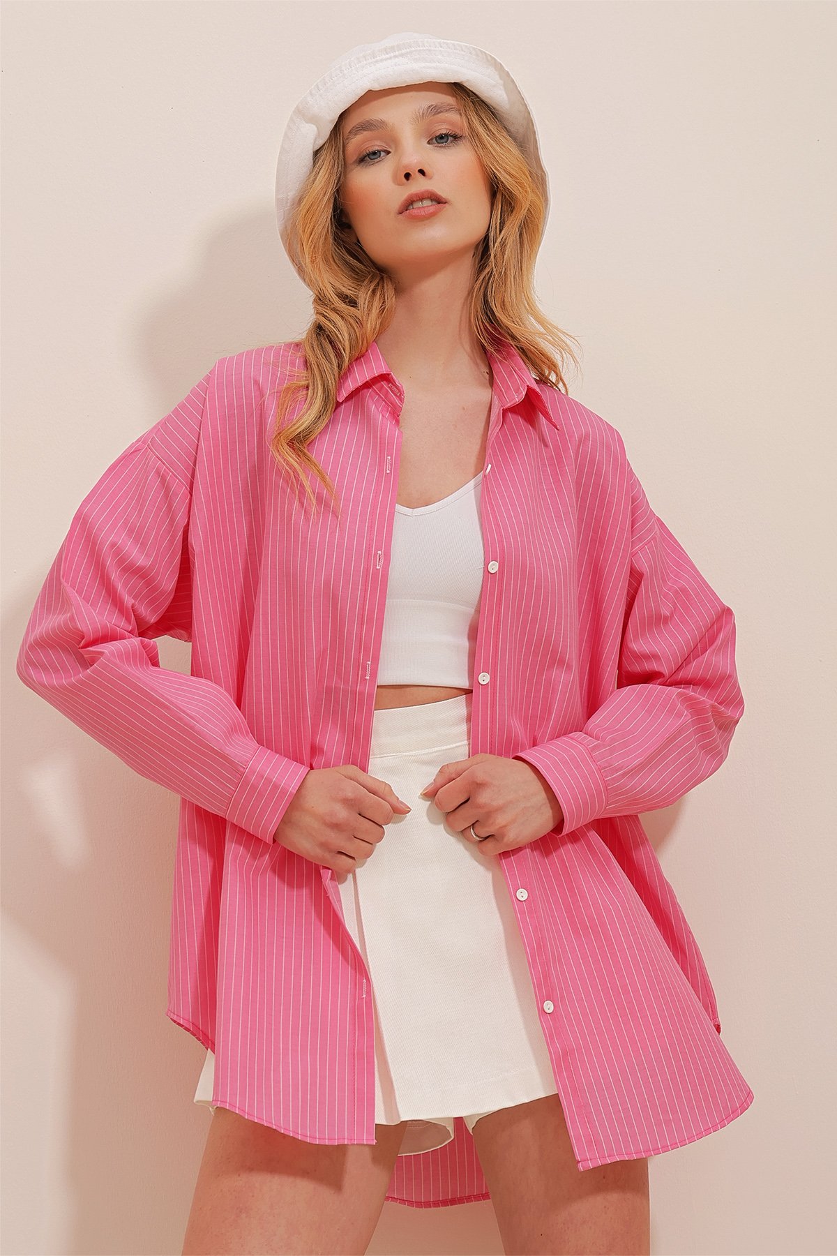 Çizgili Oversize Dokuma Gömlek - PEMBE