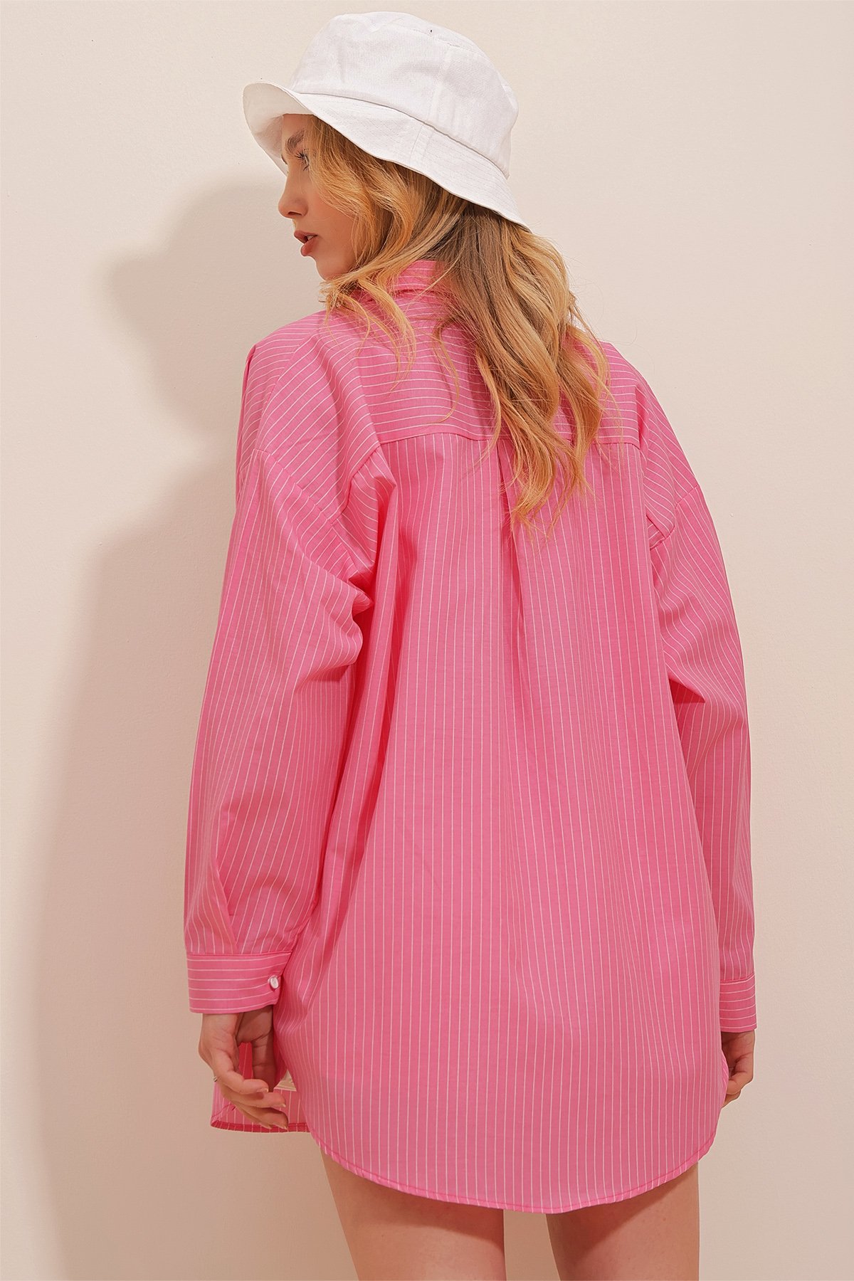 Çizgili Oversize Dokuma Gömlek - PEMBE