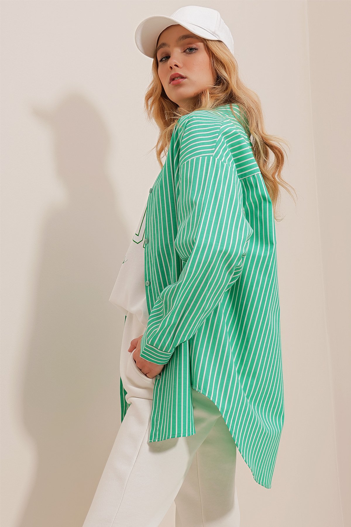 Çizgili Oversize Dokuma Gömlek - YEŞİL