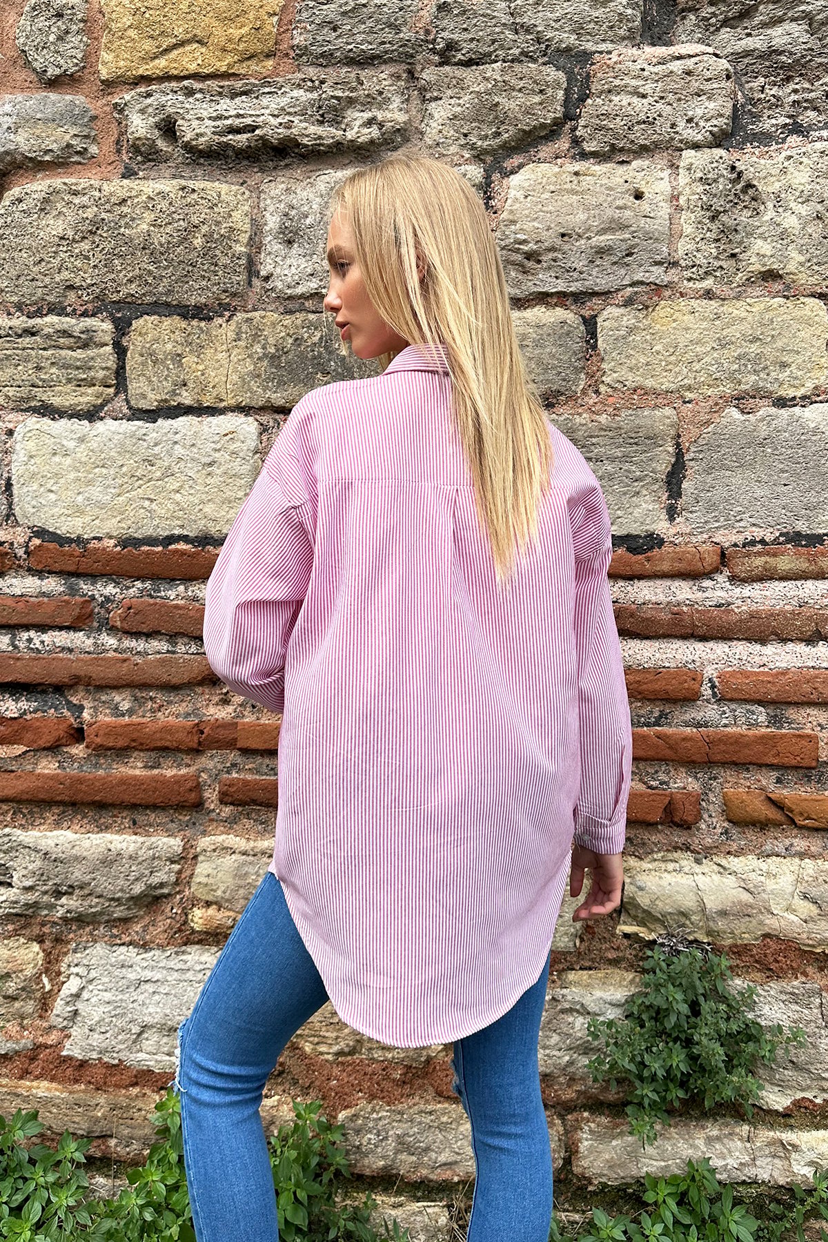 Çizgili Oversize Gömlek - Fuşya