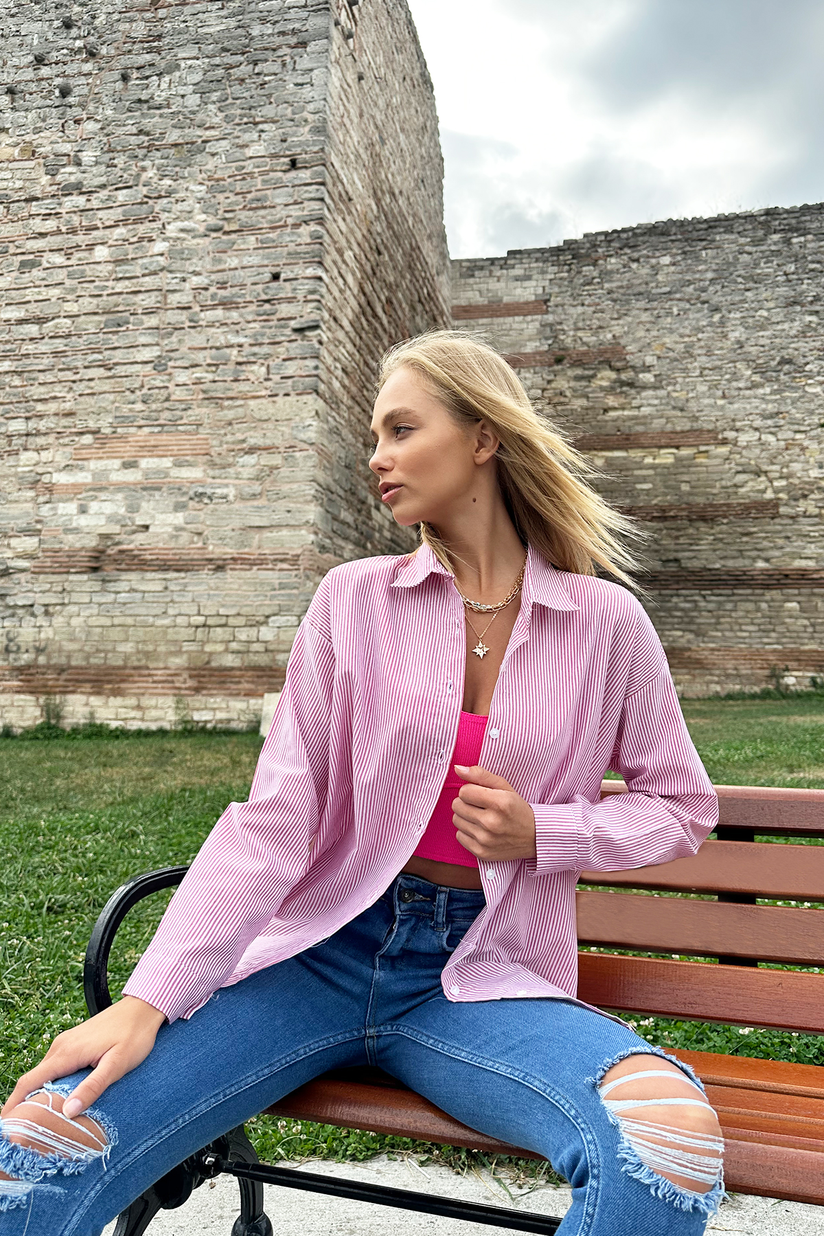 Çizgili Oversize Gömlek - Fuşya