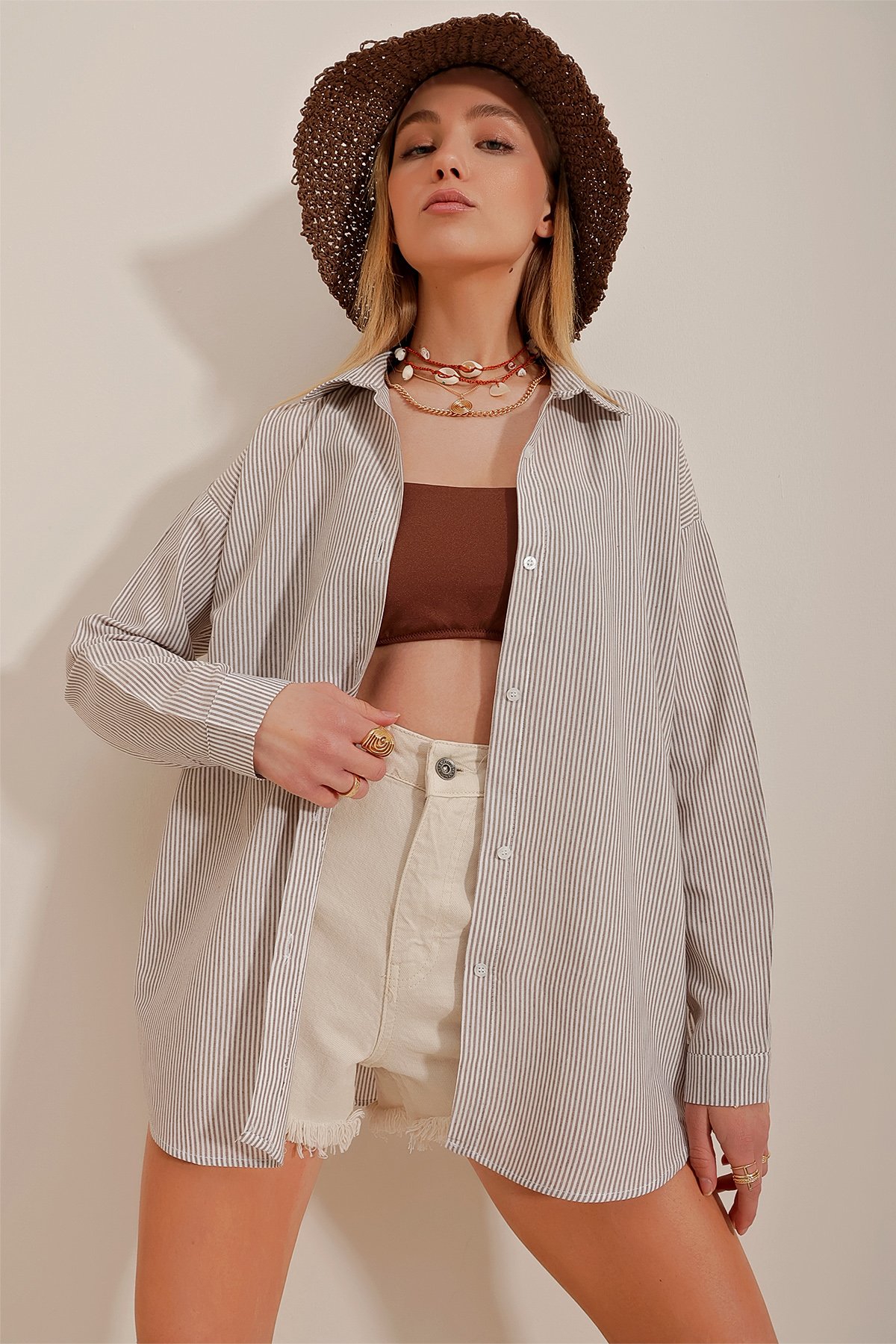 Çizgili Oversize Gömlek - Kahve