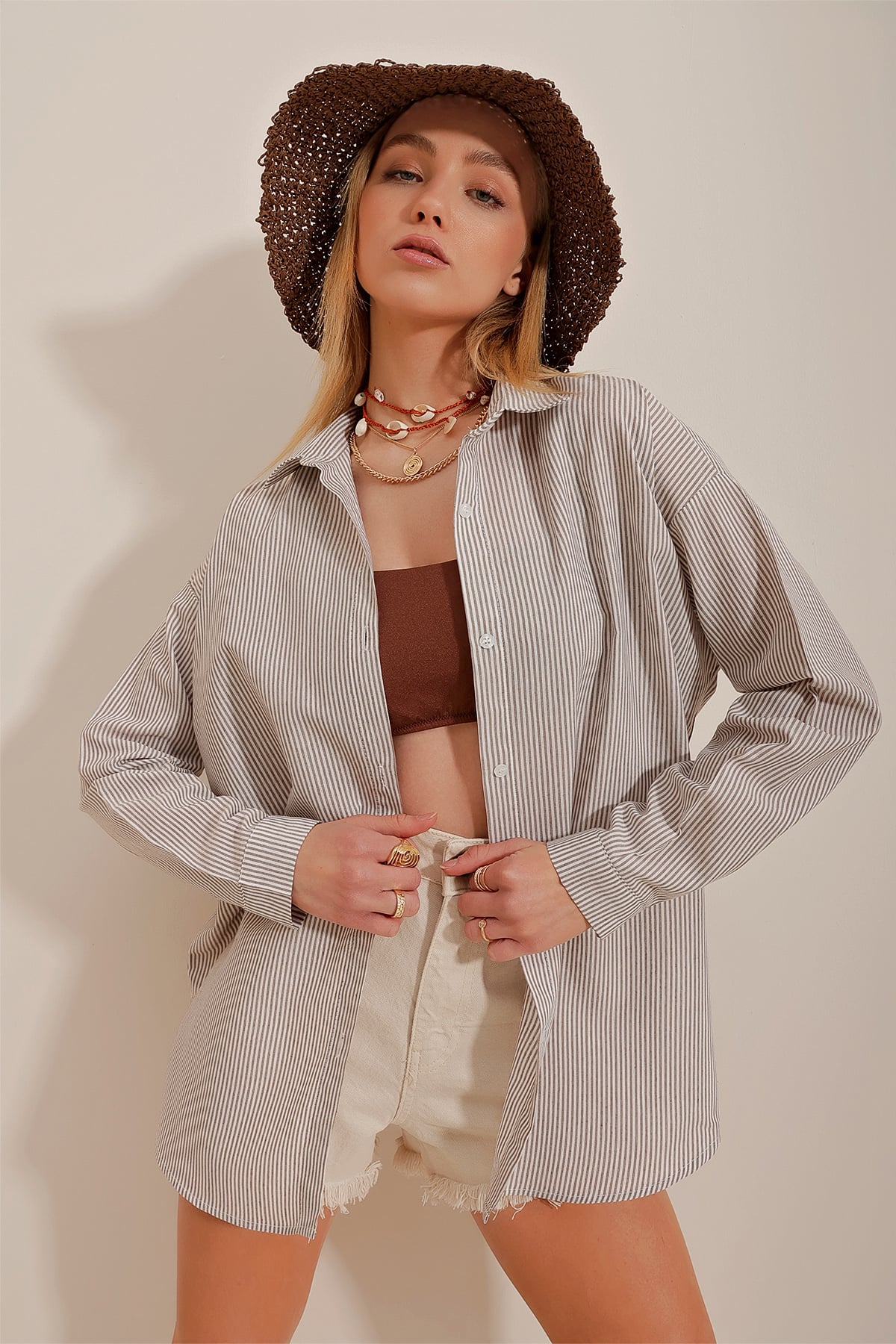 Çizgili Oversize Gömlek - Kahve