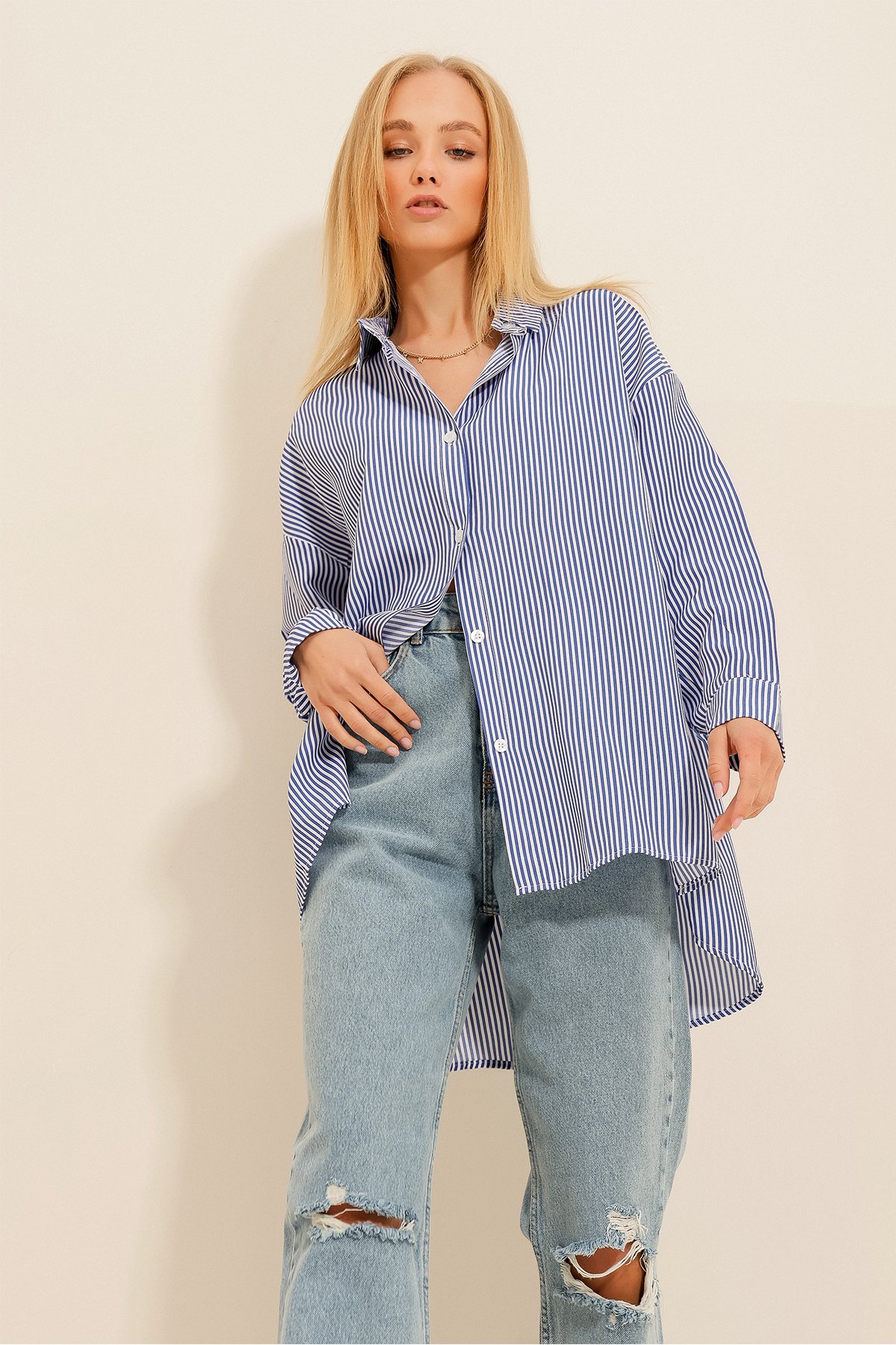 Çizgili Oversize Gömlek - Lacivert