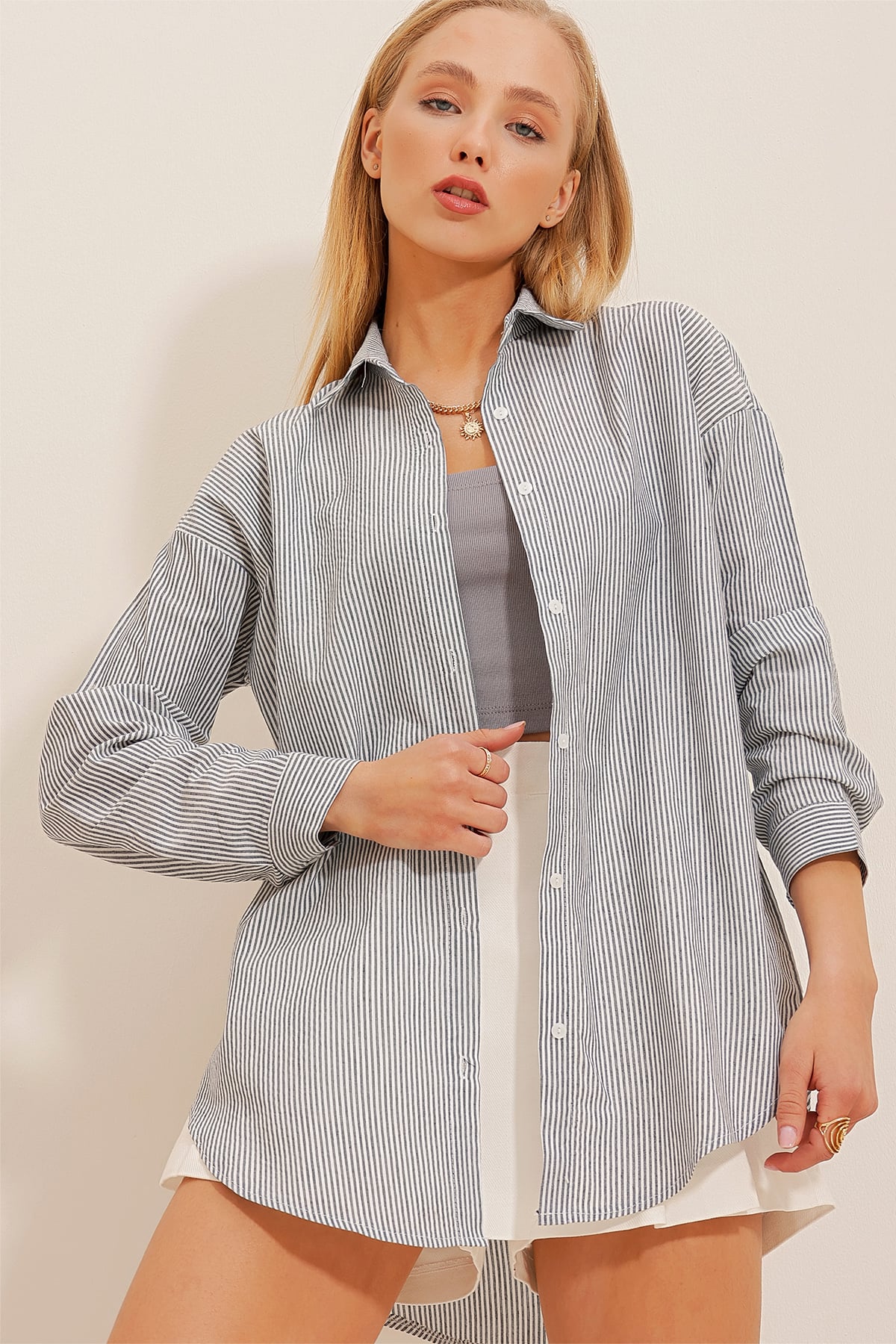 Çizgili Oversize Gömlek - Lacivert