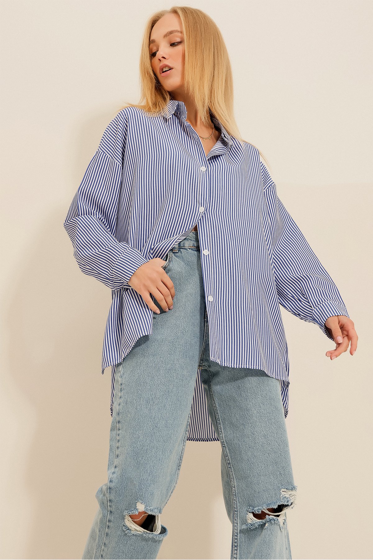 Çizgili Oversize Gömlek - Lacivert