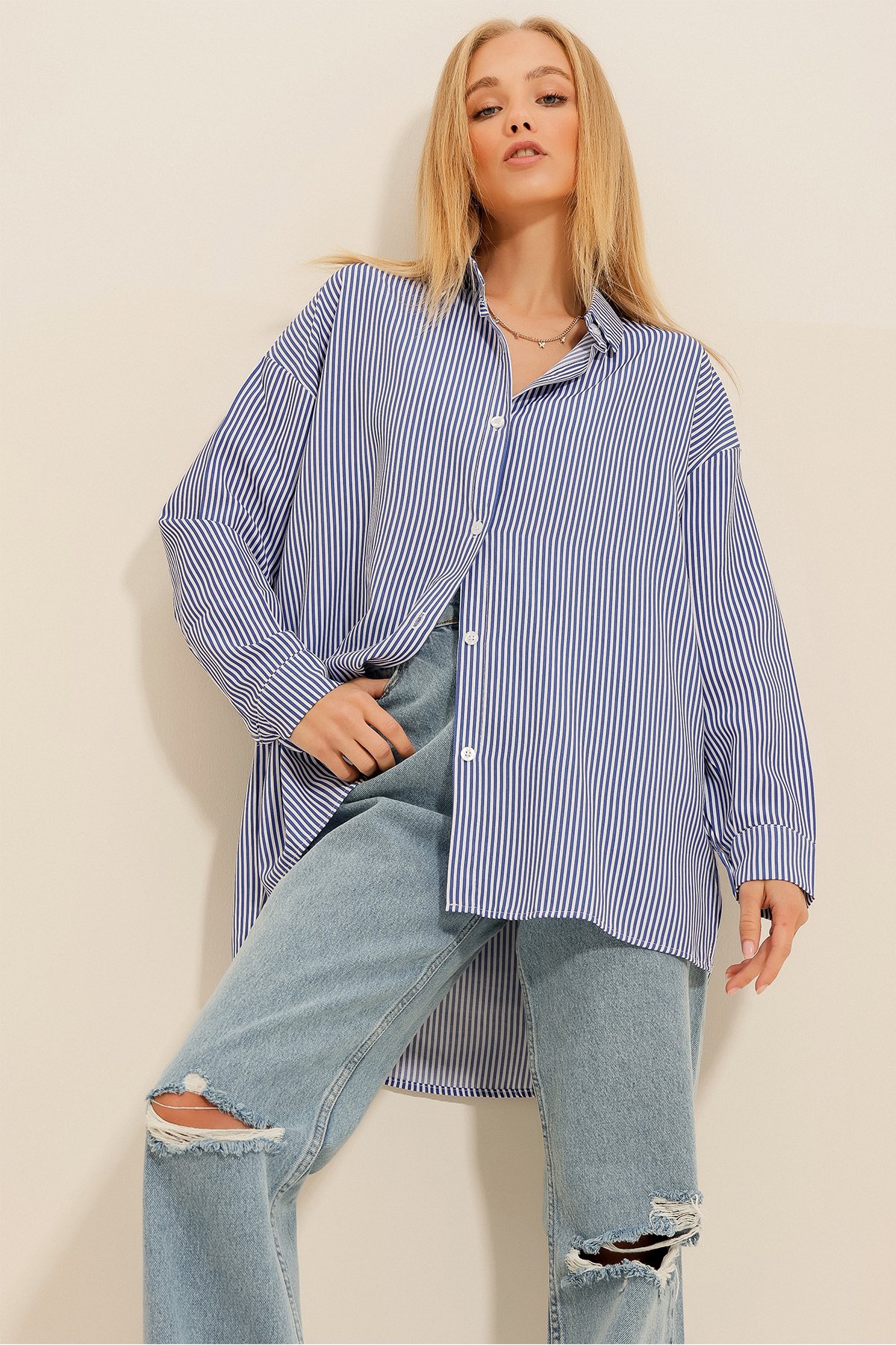 Çizgili Oversize Gömlek - Lacivert