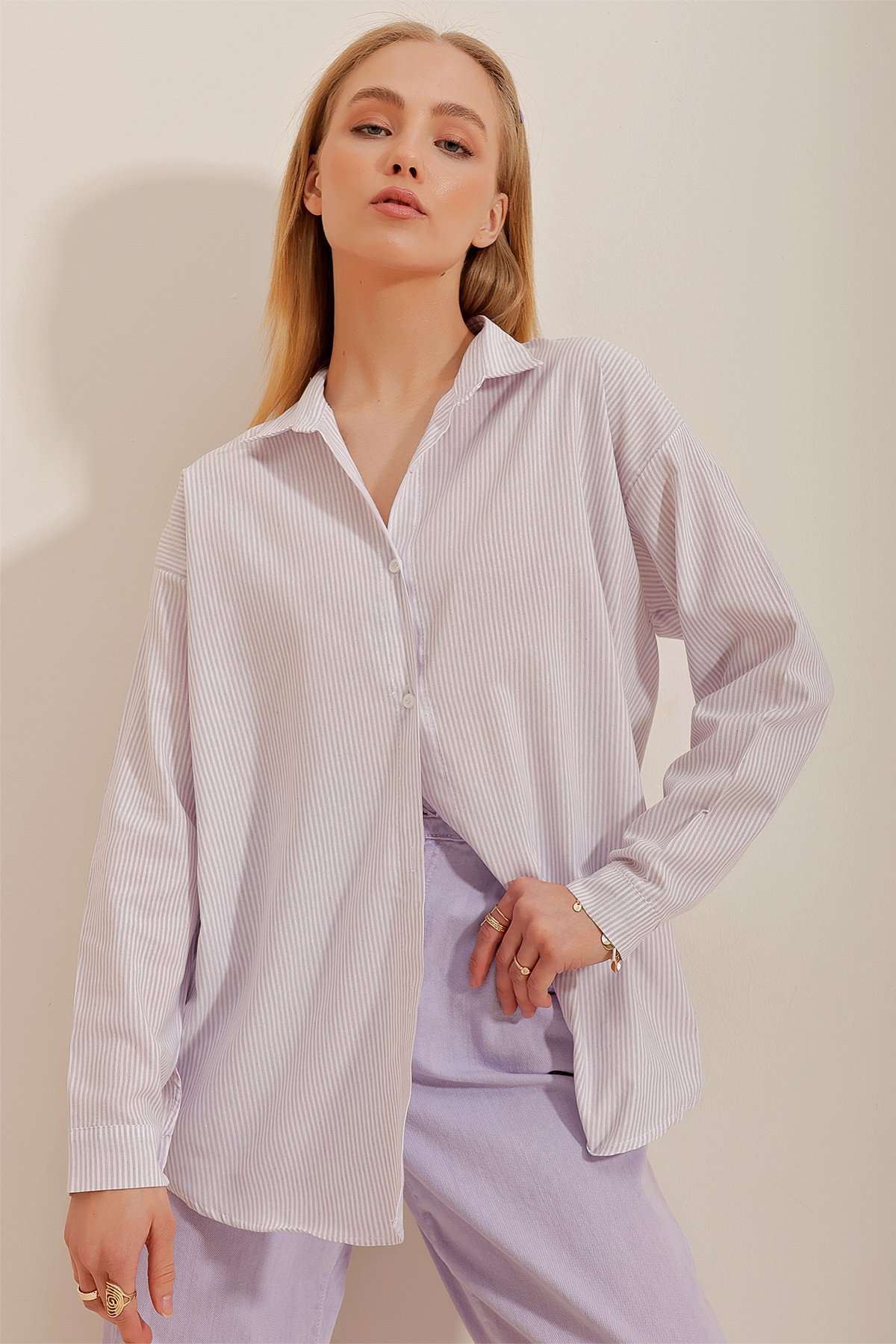 Çizgili Oversize Gömlek - Lila