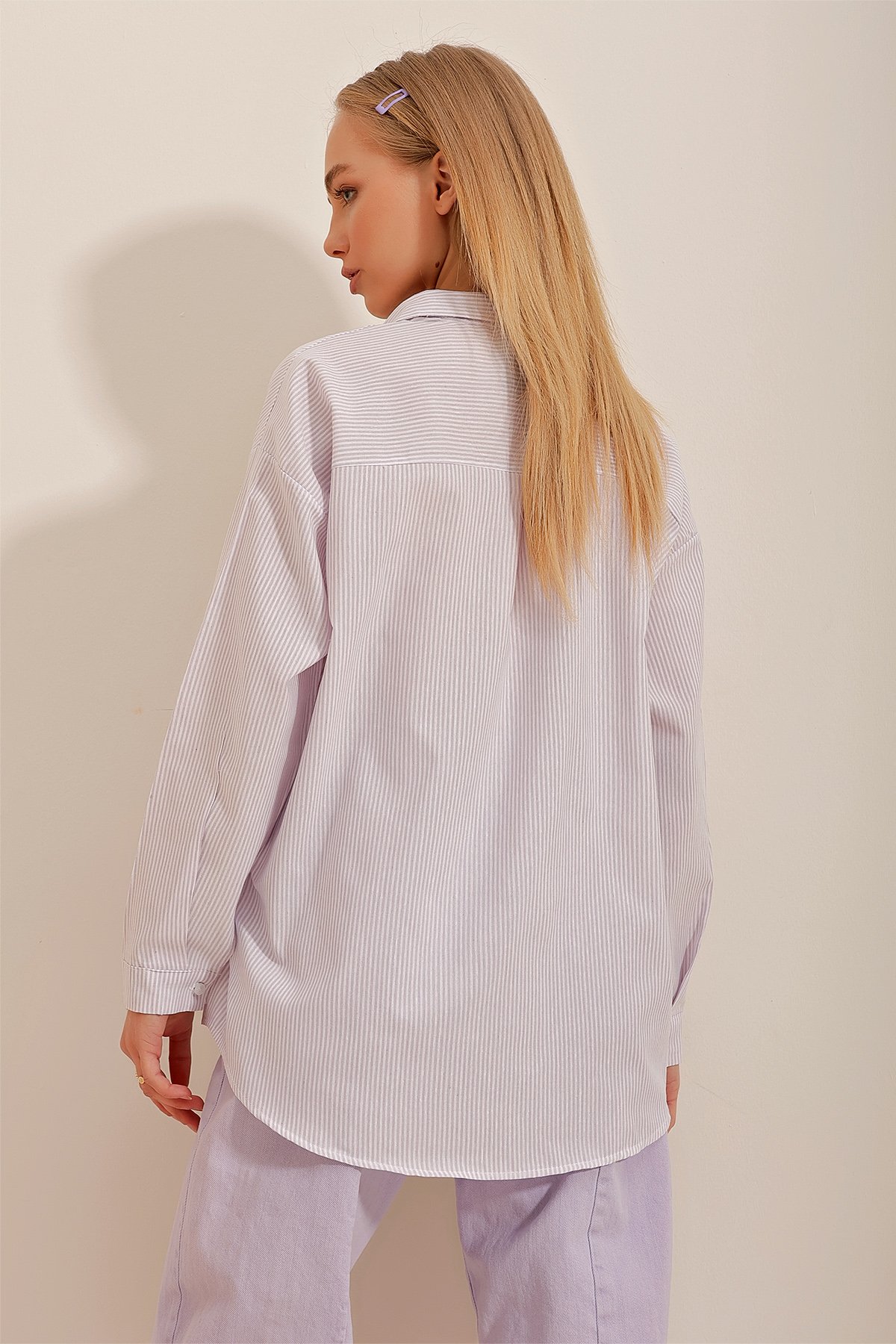 Çizgili Oversize Gömlek - Lila