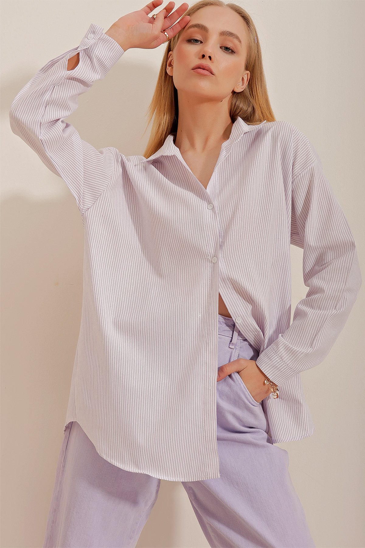 Çizgili Oversize Gömlek - Lila