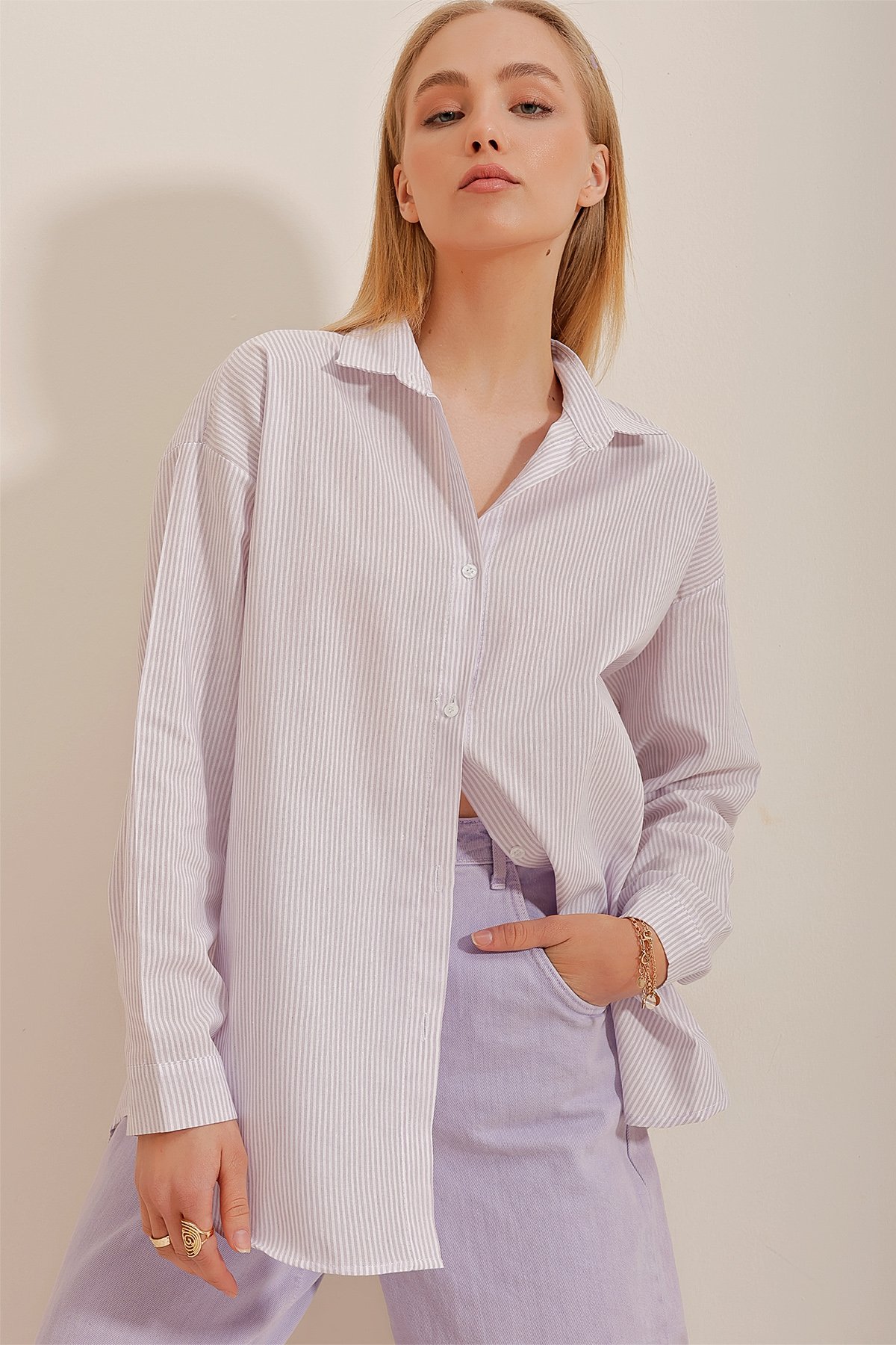 Çizgili Oversize Gömlek - Lila
