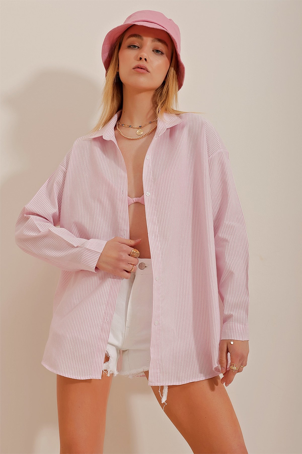Çizgili Oversize Gömlek - Pembe