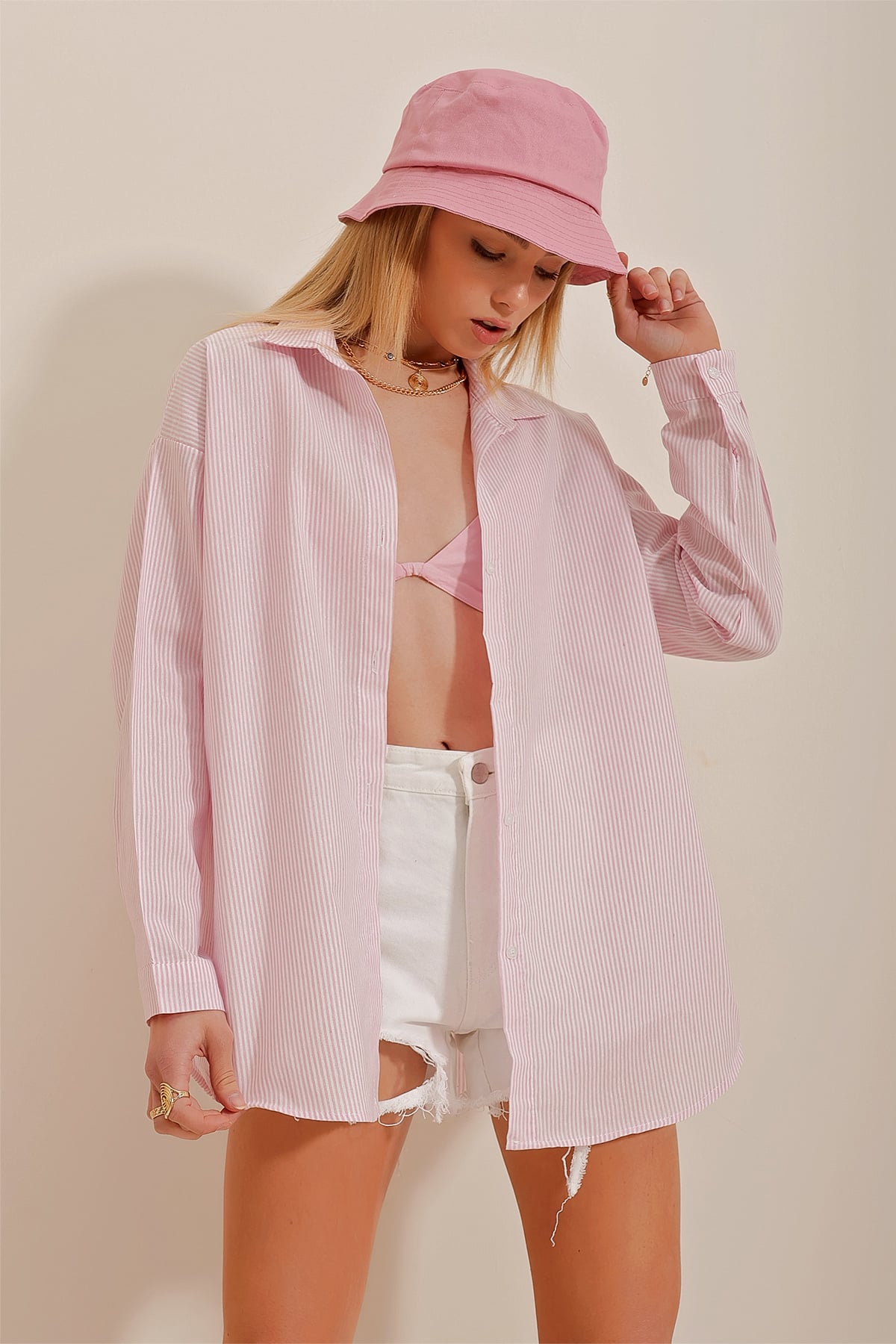 Çizgili Oversize Gömlek - Pembe