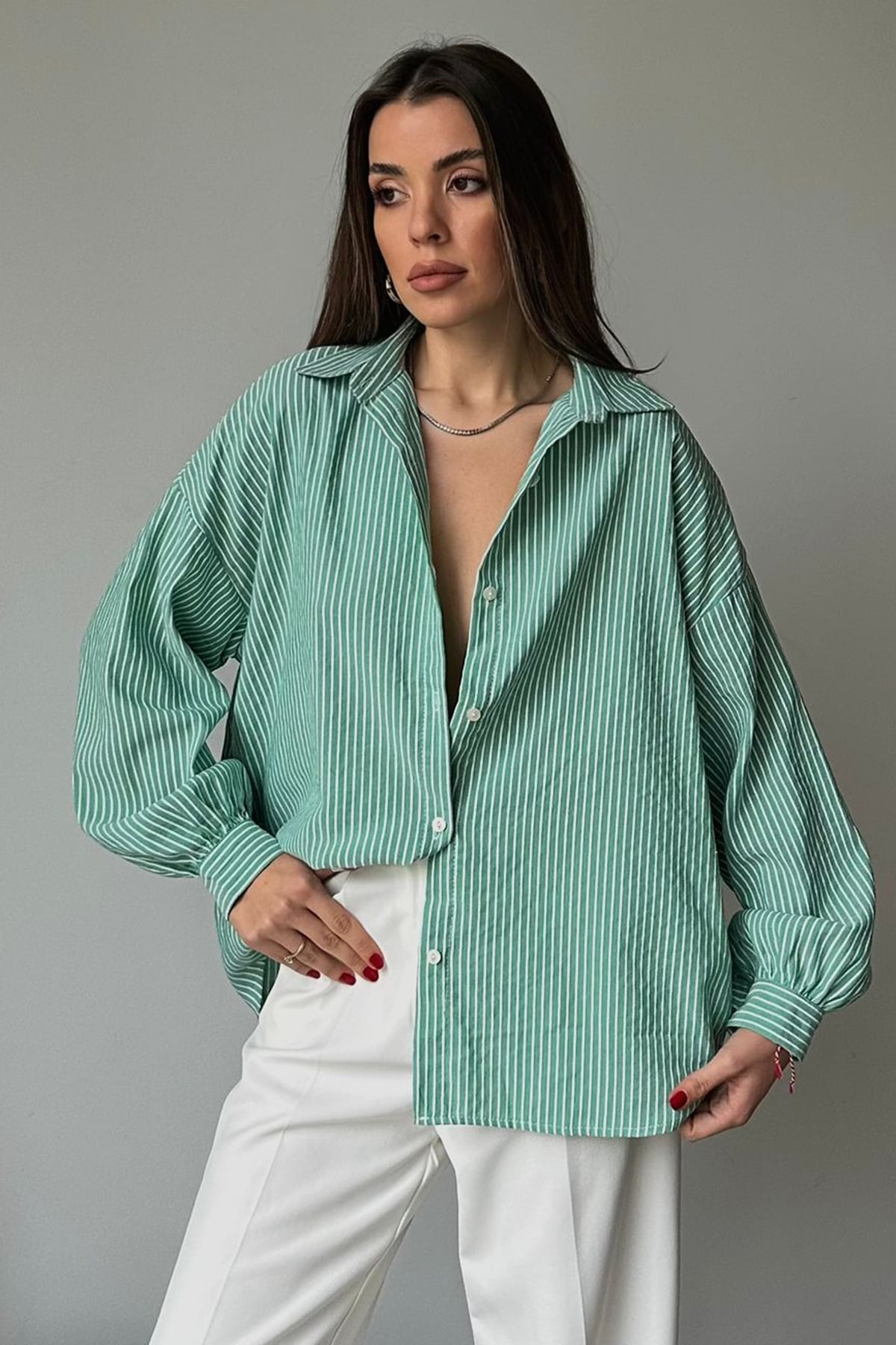 Çizgili Oversize Gömlek - YEŞİL