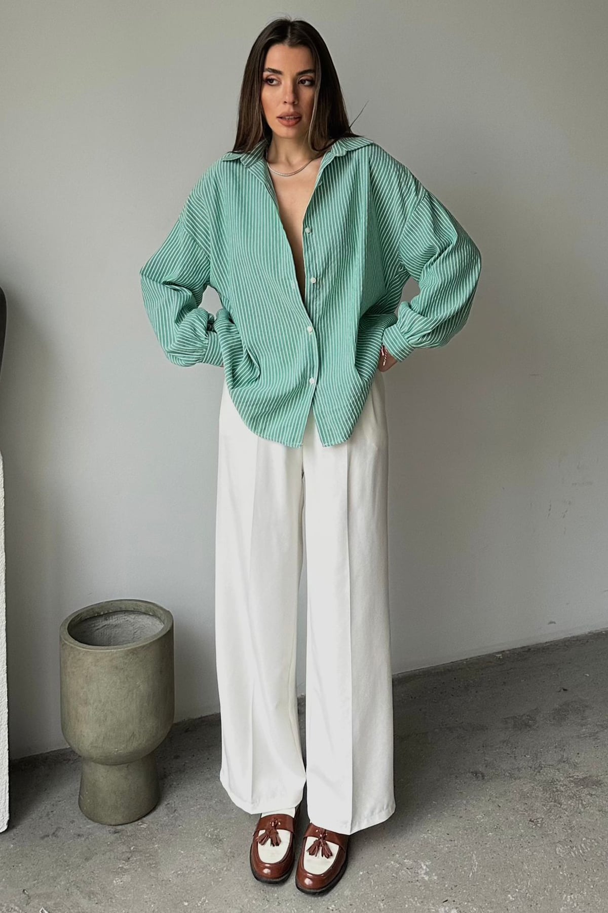 Çizgili Oversize Gömlek - YEŞİL