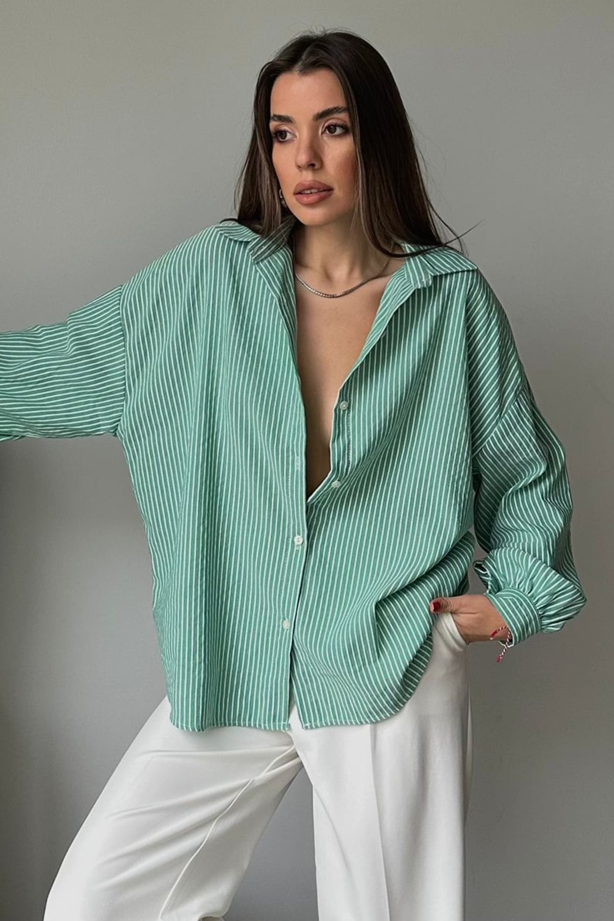 Çizgili Oversize Gömlek - YEŞİL