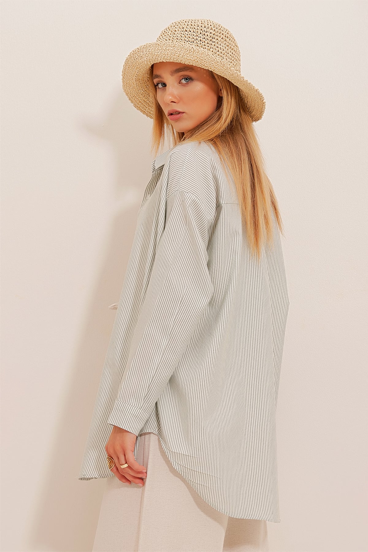 Çizgili Oversize Gömlek - Yeşil