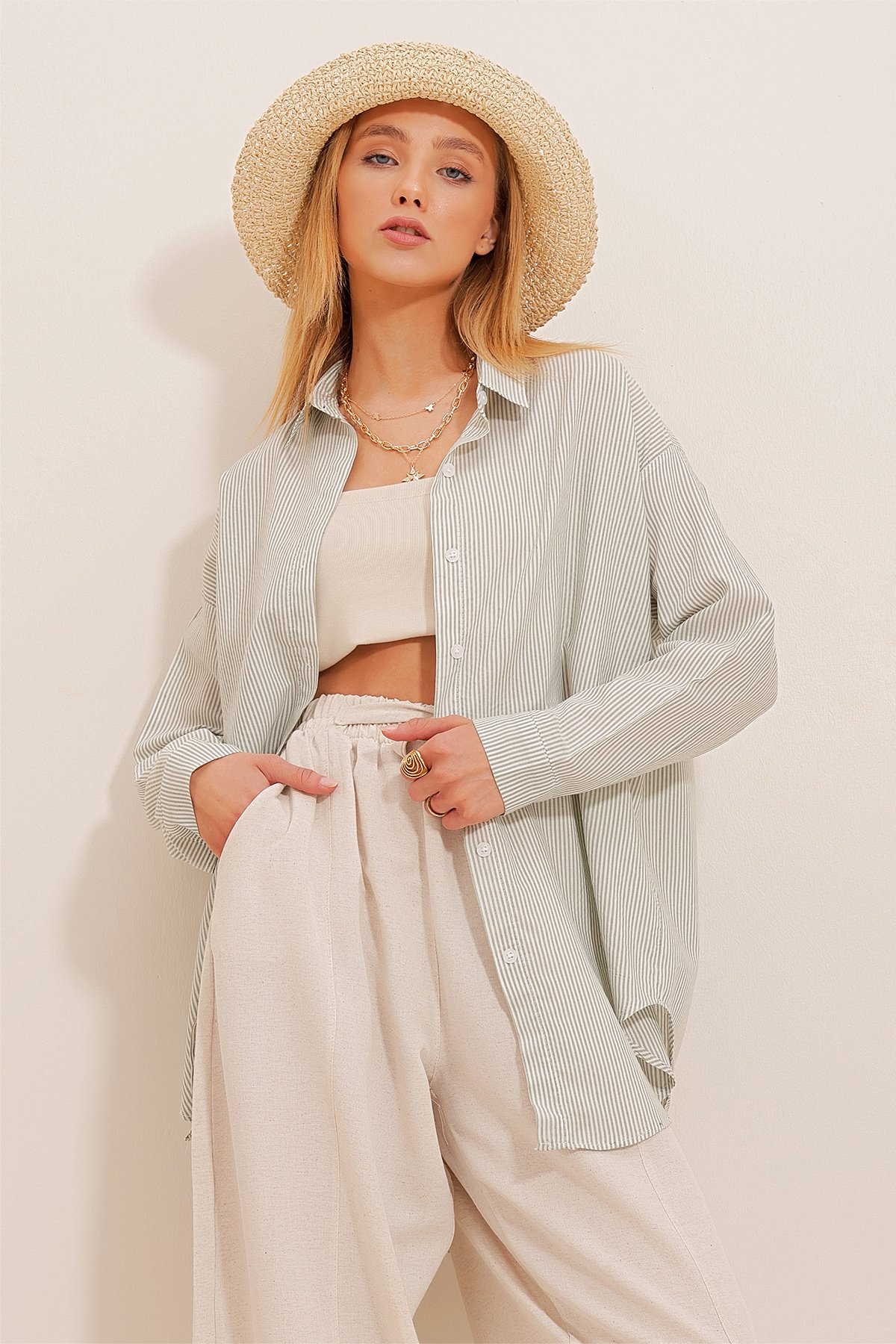 Çizgili Oversize Gömlek - Yeşil
