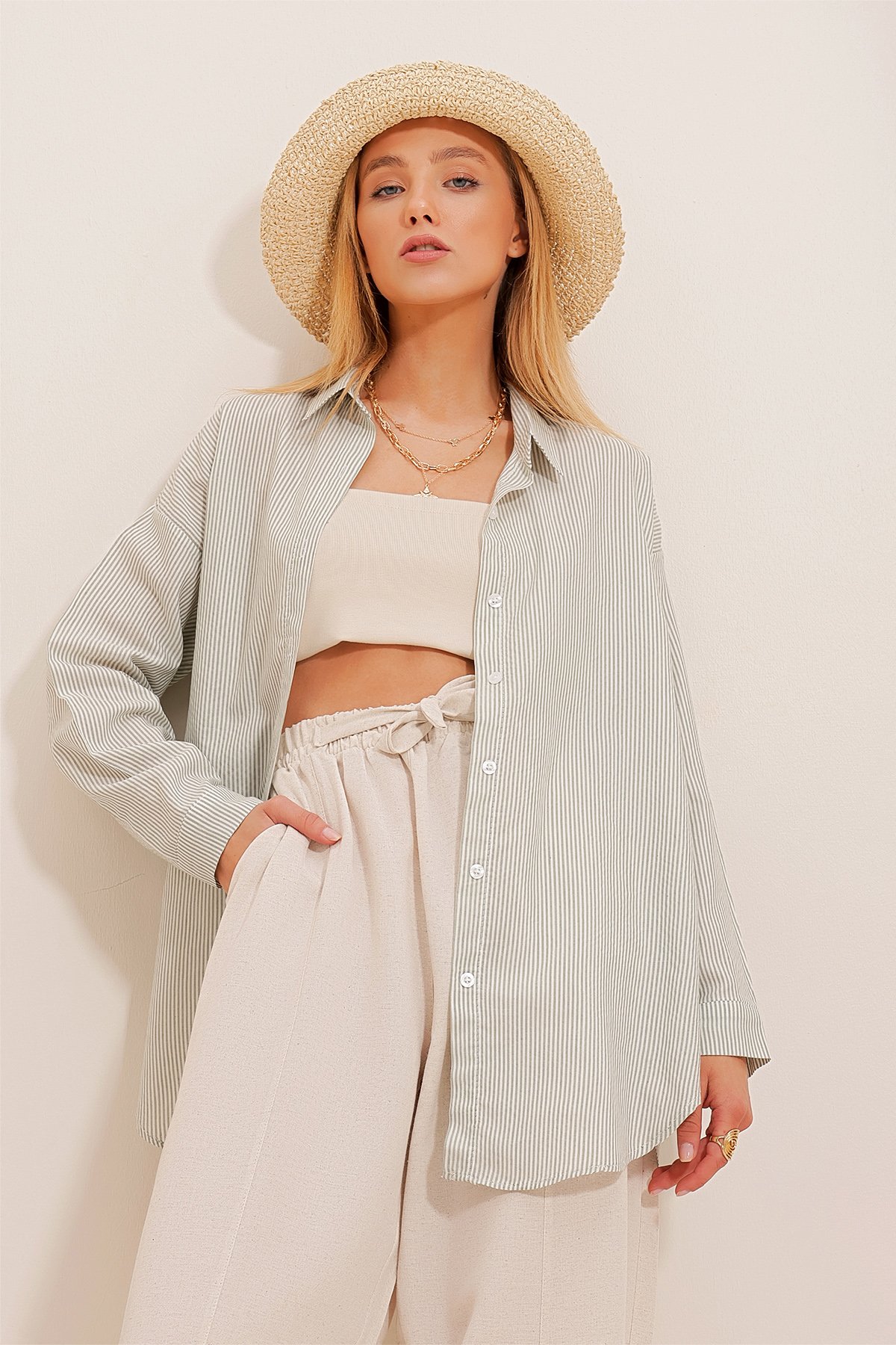 Çizgili Oversize Gömlek - Yeşil