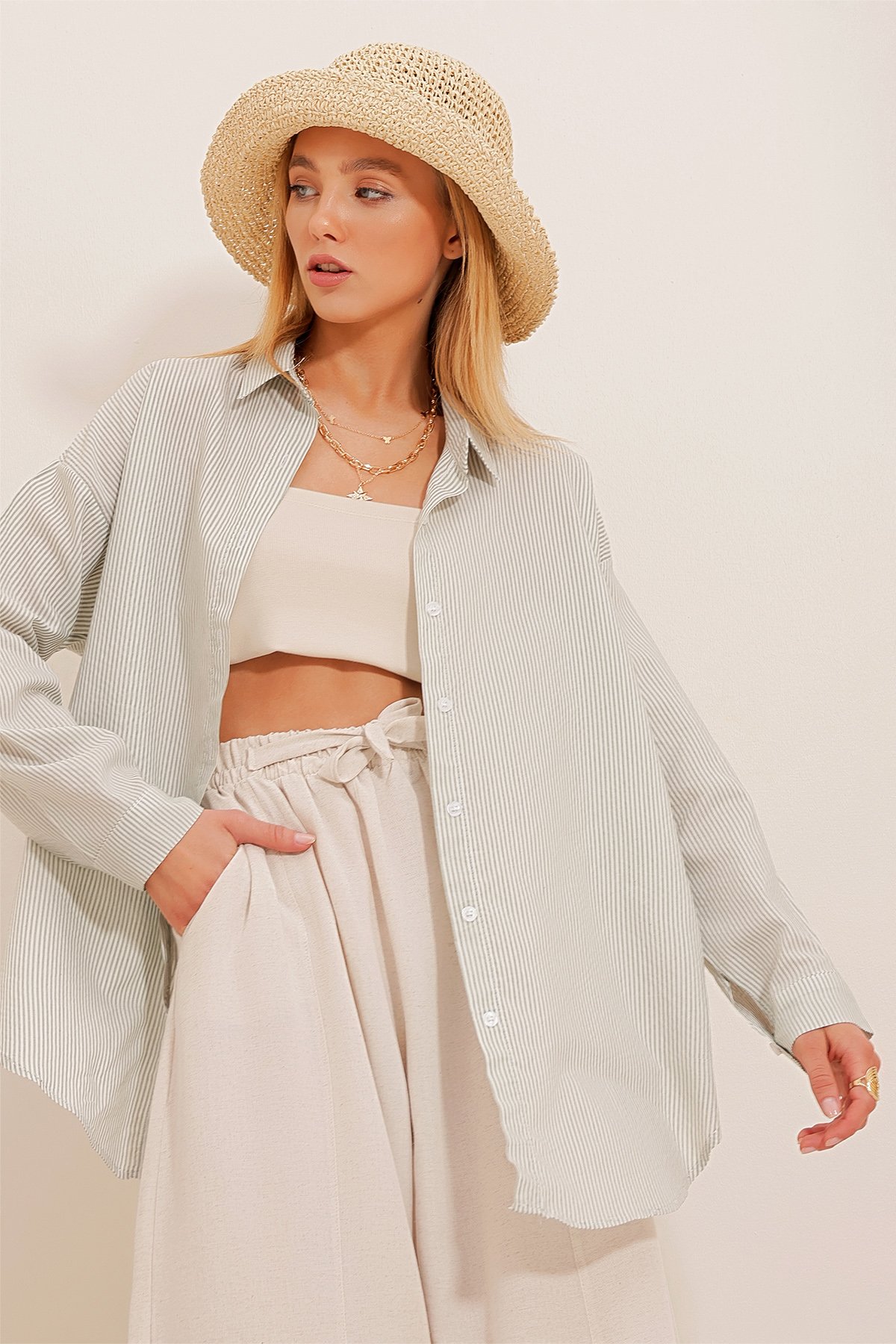 Çizgili Oversize Gömlek - Yeşil