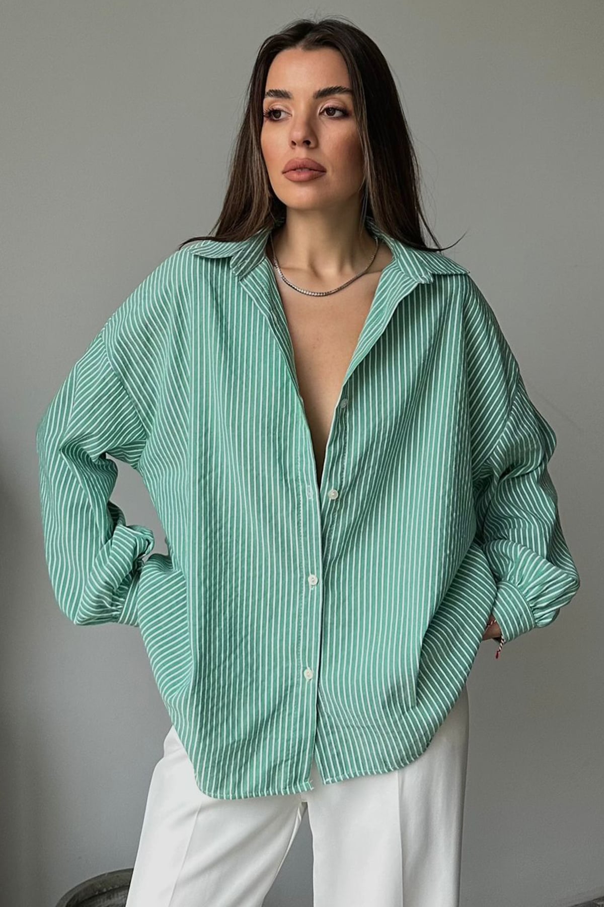 Çizgili Oversize Gömlek - YEŞİL