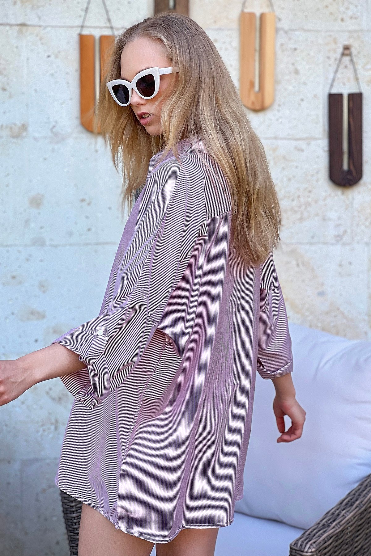 Çizgili Oversize Rahat Kesim Dokuma Gömlek - Fuşya