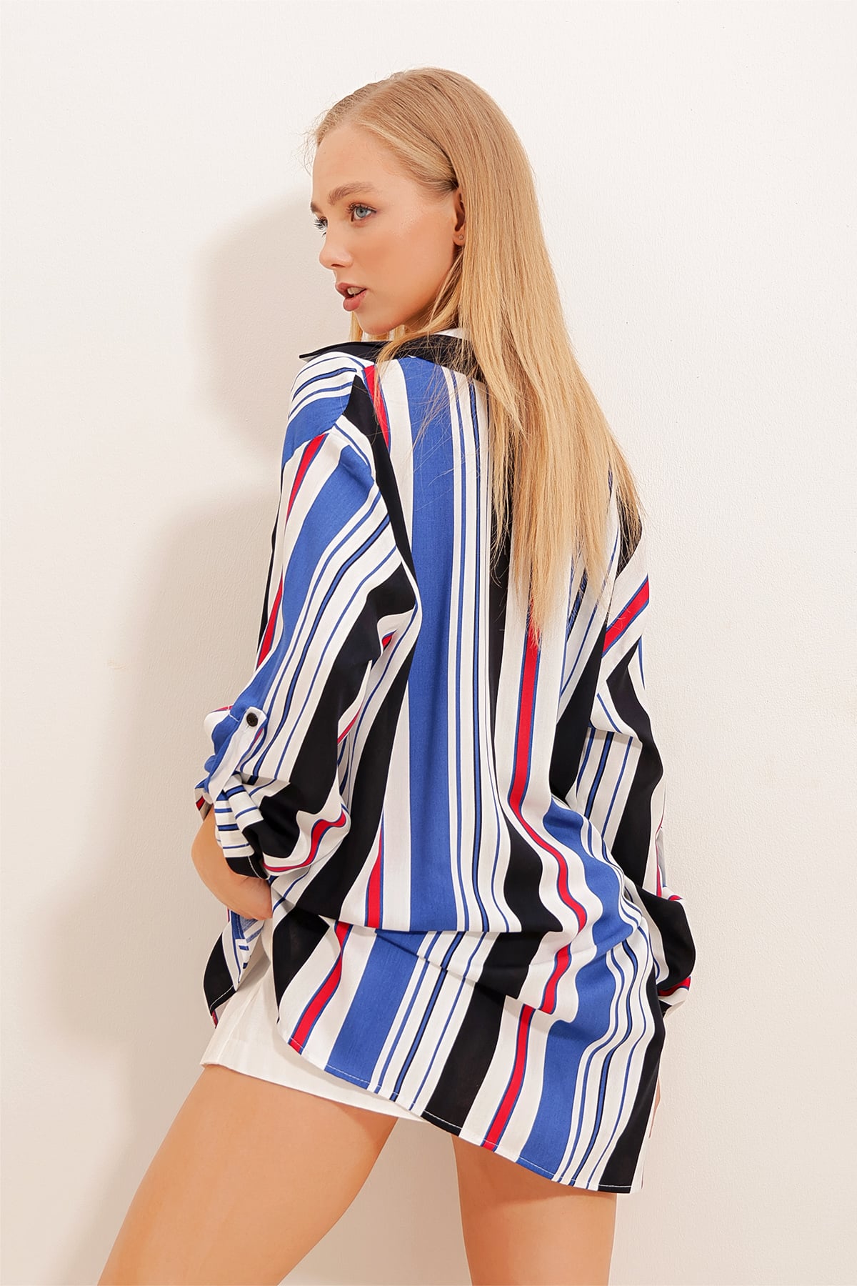 Çizgili Oversize Viskon Gömlek - Saks