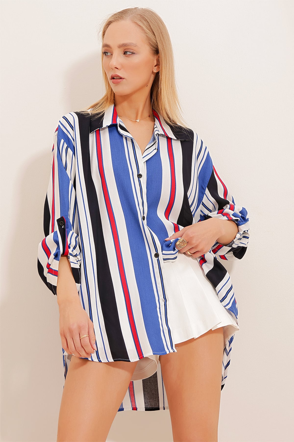 Çizgili Oversize Viskon Gömlek - Saks