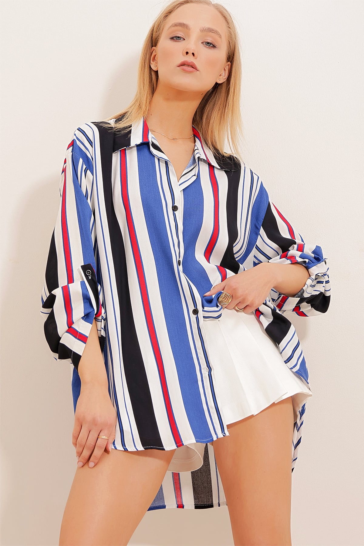 Çizgili Oversize Viskon Gömlek - Saks