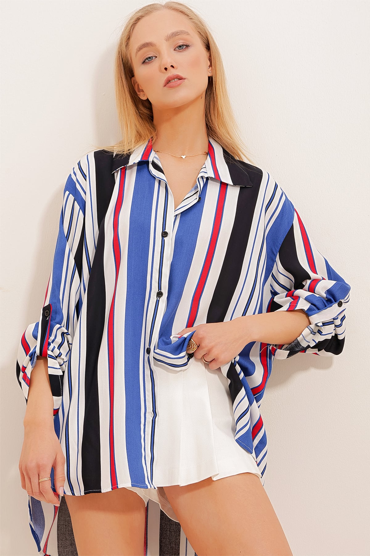 Çizgili Oversize Viskon Gömlek - Saks