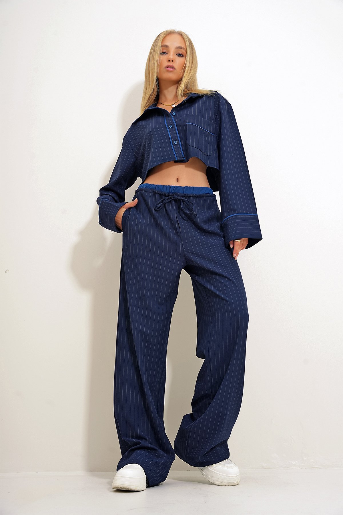 Çizgili Özel Dikim Blazer Ve Pantolon Set - Lacivert