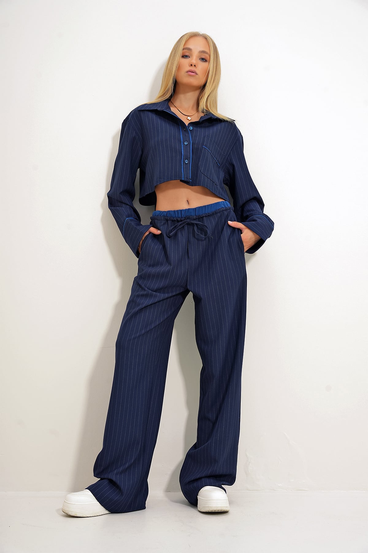 Çizgili Özel Dikim Blazer Ve Pantolon Set - Lacivert