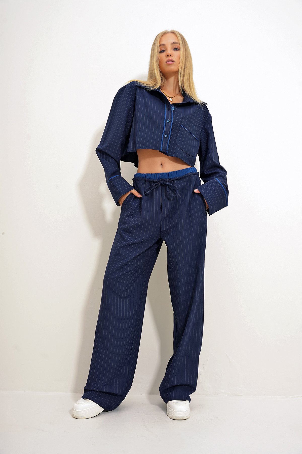 Çizgili Özel Dikim Blazer Ve Pantolon Set - Lacivert