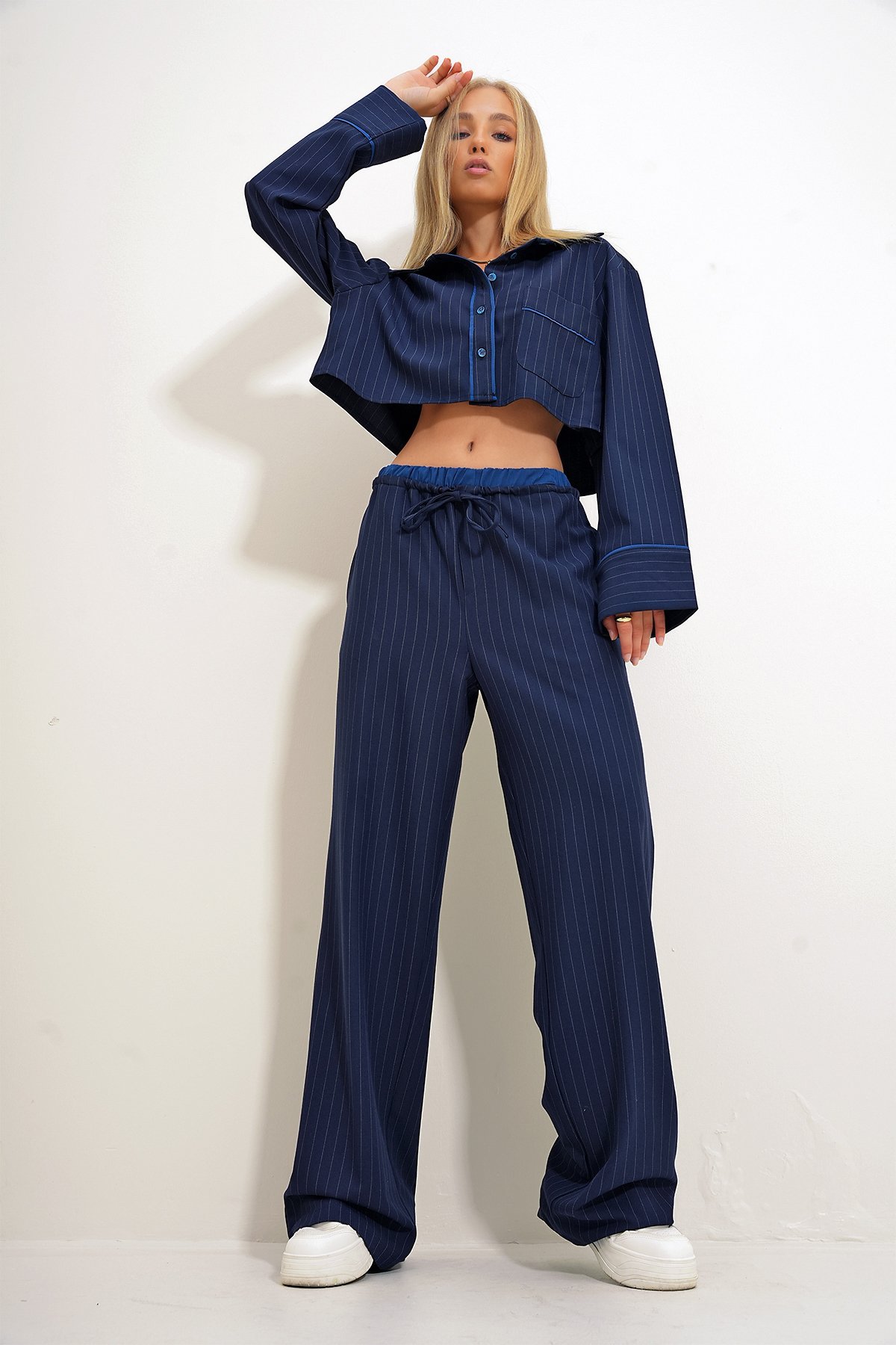 Çizgili Özel Dikim Blazer Ve Pantolon Set - Lacivert