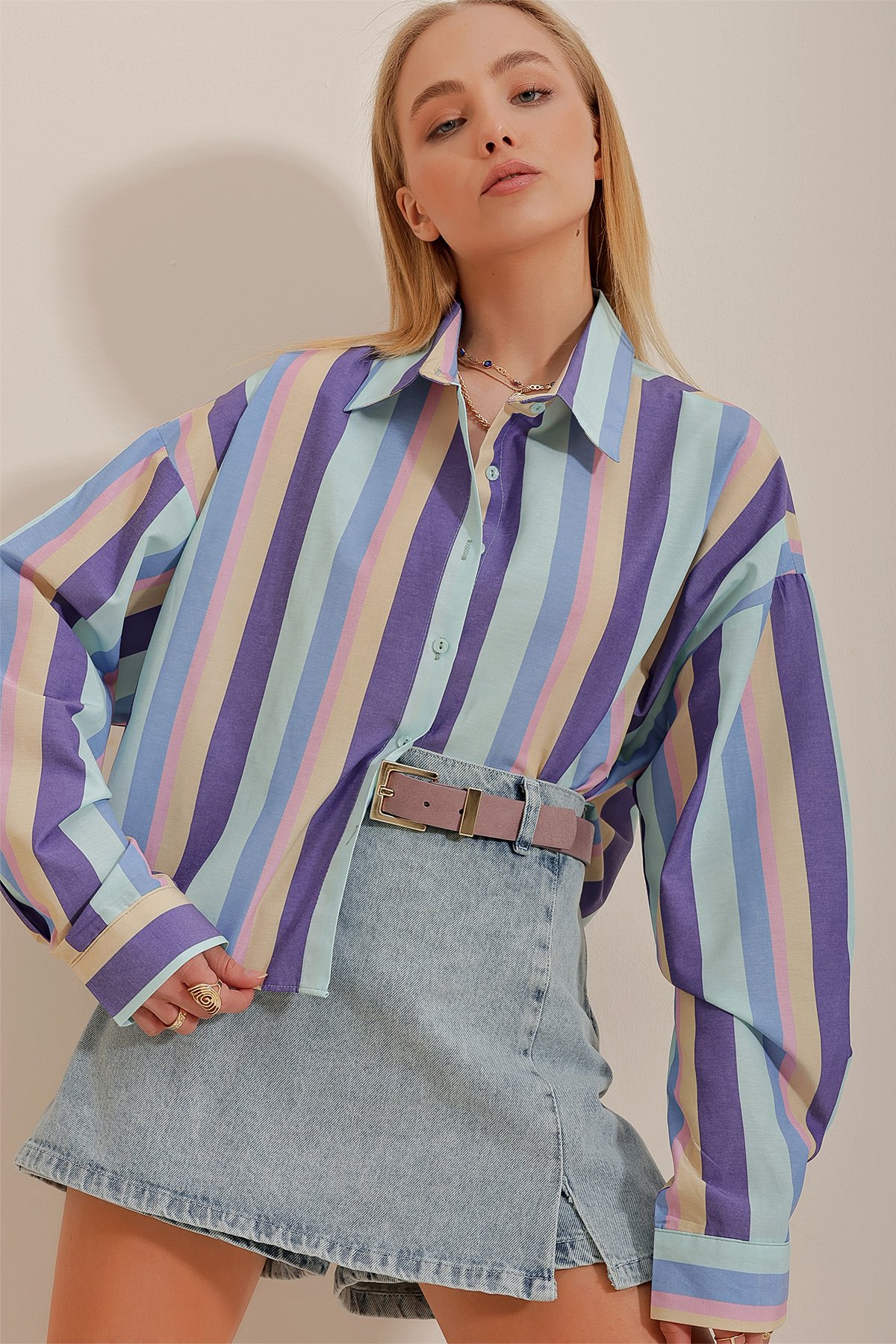 Çizgili Poplin Crop Gömlek - Mor