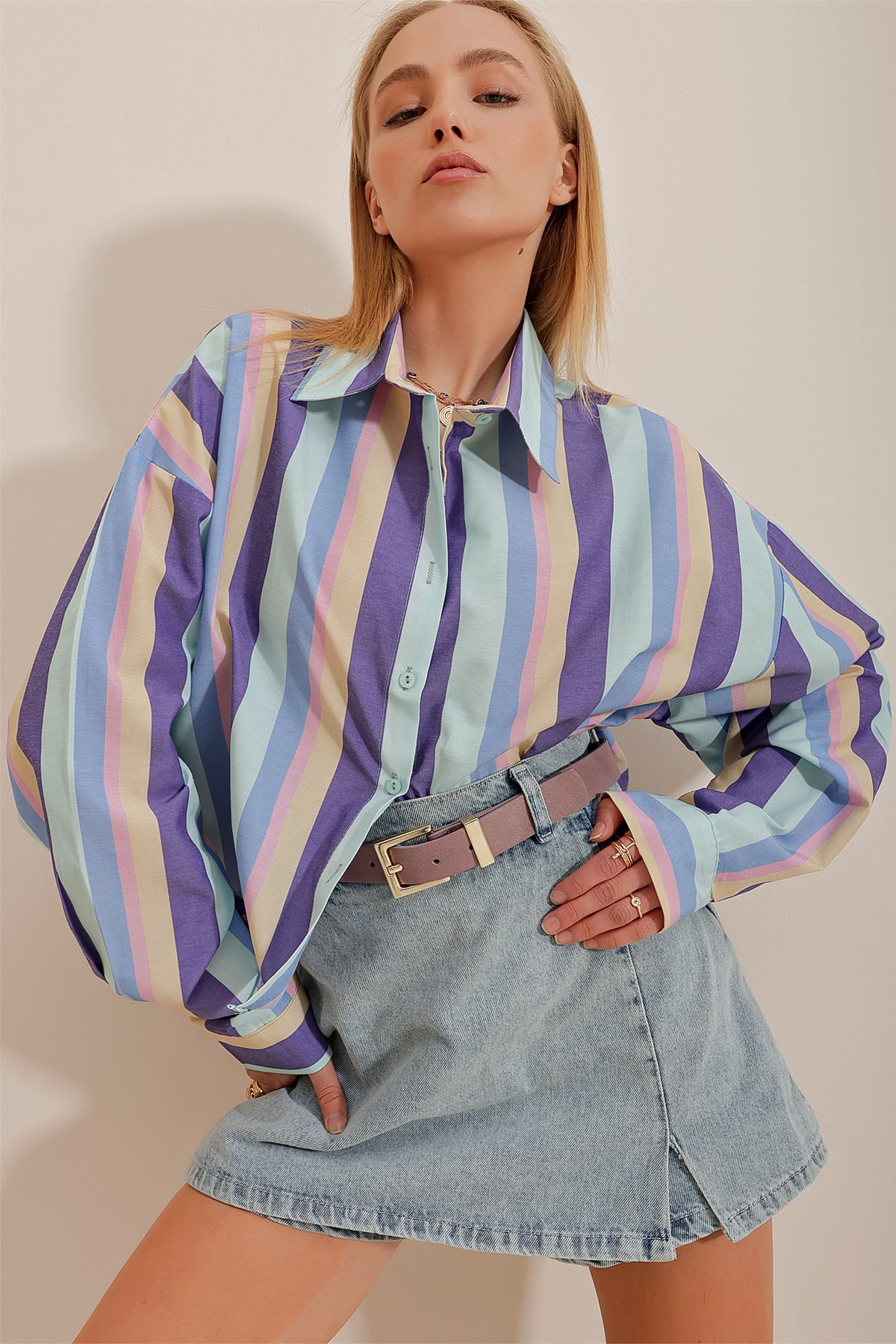 Çizgili Poplin Crop Gömlek - Mor