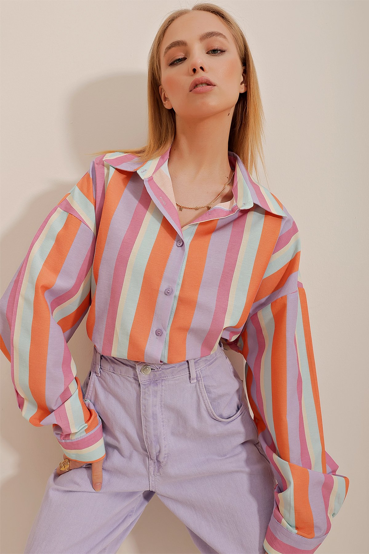 Çizgili Poplin Crop Gömlek - Turuncu