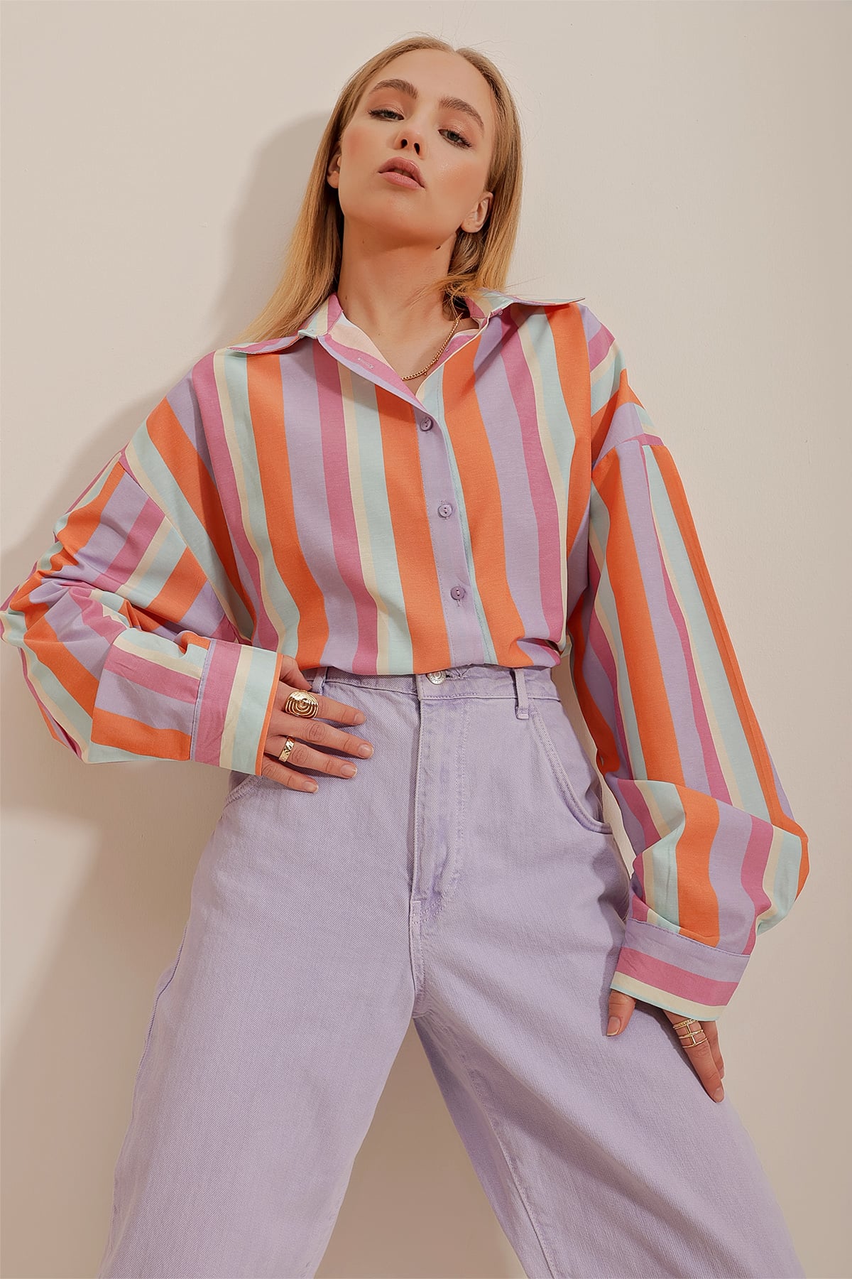 Çizgili Poplin Crop Gömlek - Turuncu