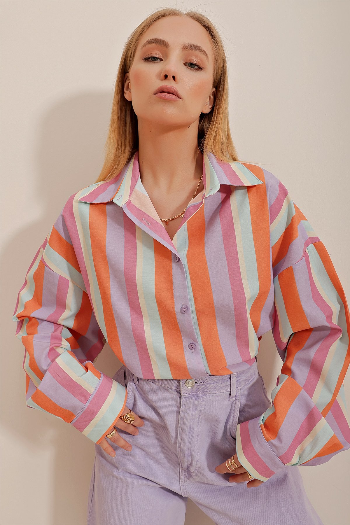 Çizgili Poplin Crop Gömlek - Turuncu