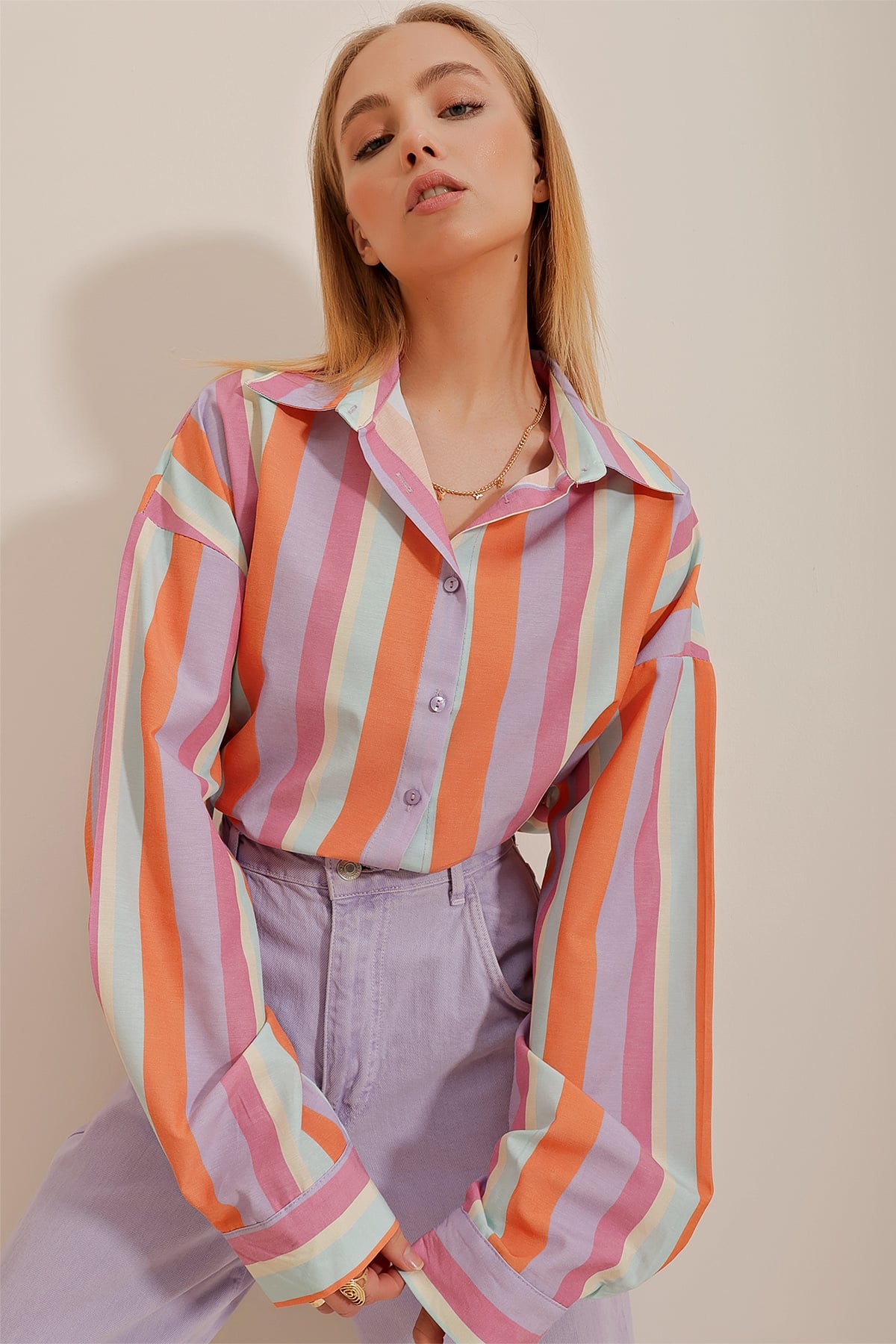 Çizgili Poplin Crop Gömlek - Turuncu