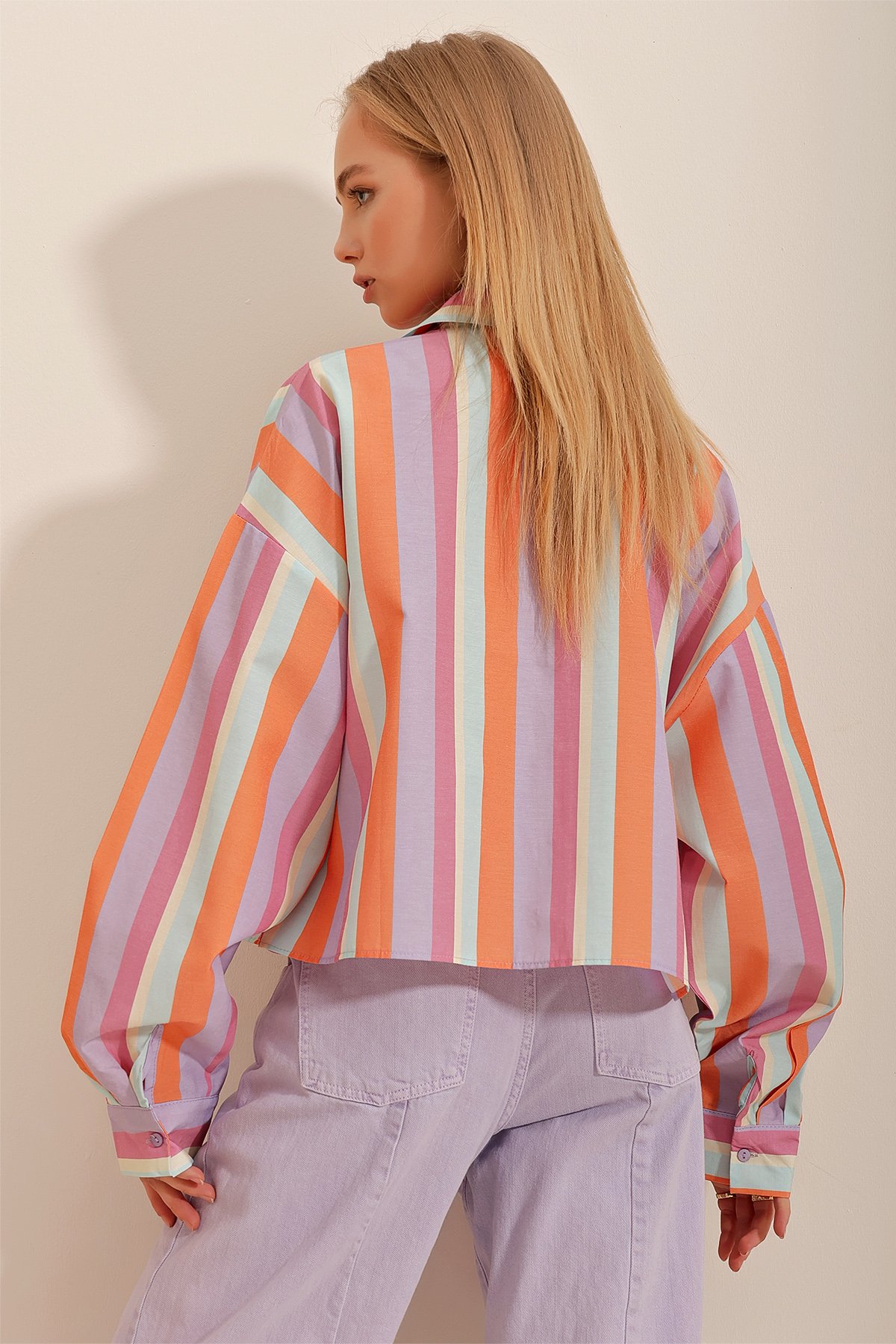 Çizgili Poplin Crop Gömlek - Turuncu