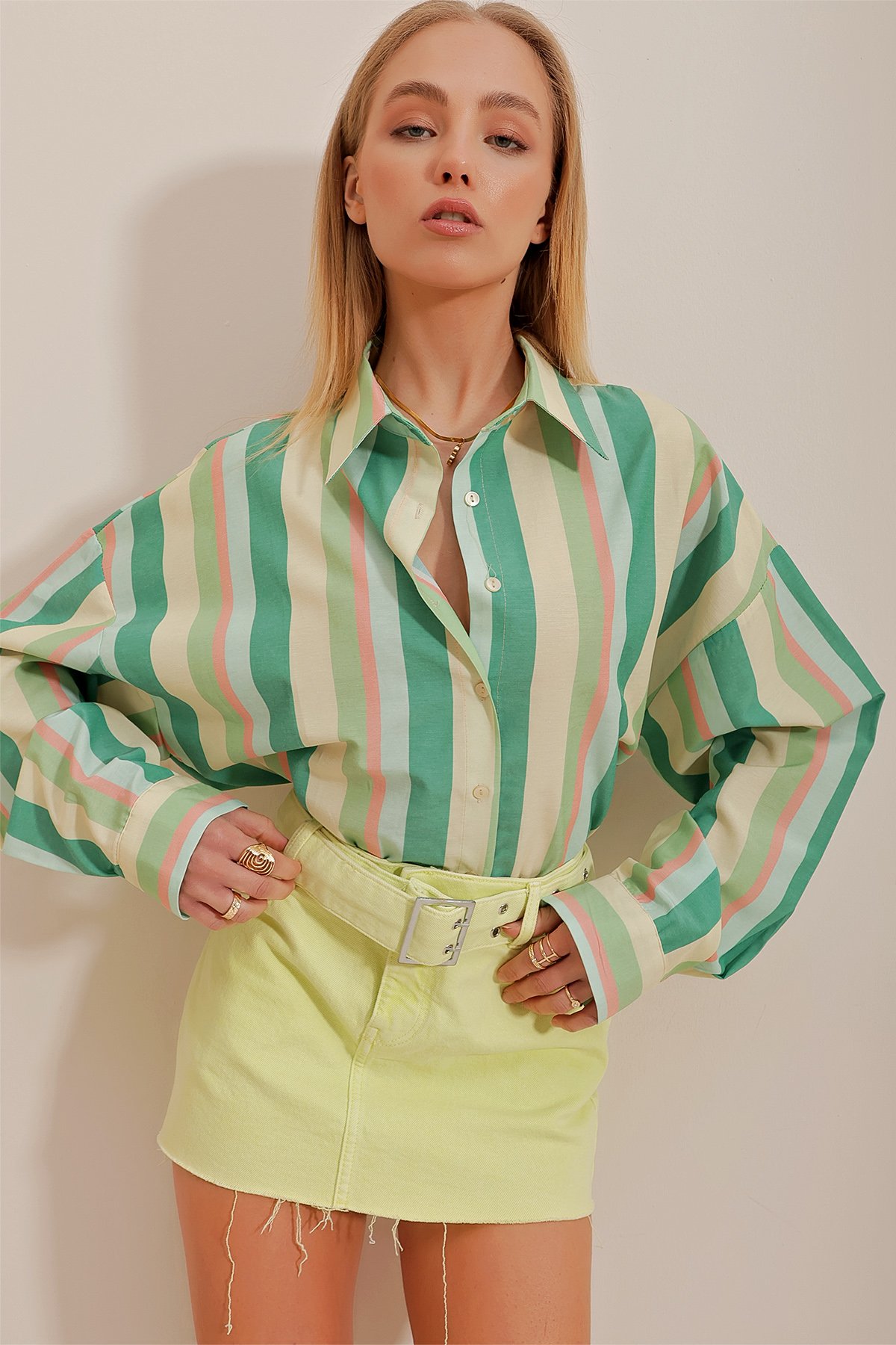 Çizgili Poplin Crop Gömlek - Yeşil