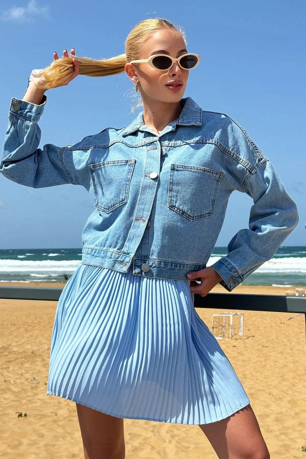 Crop Denım Ceket - Buz Mavi