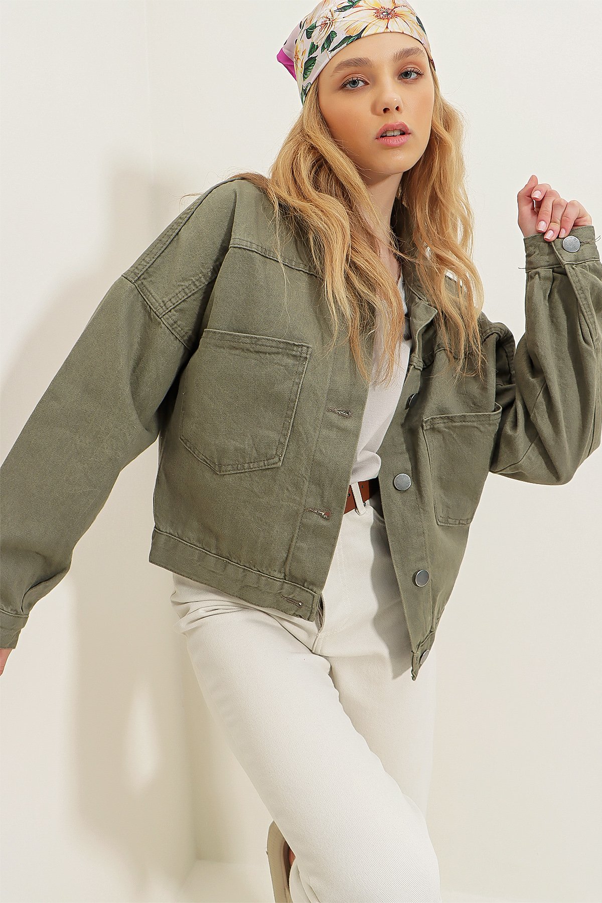 Crop Denım Ceket - Haki