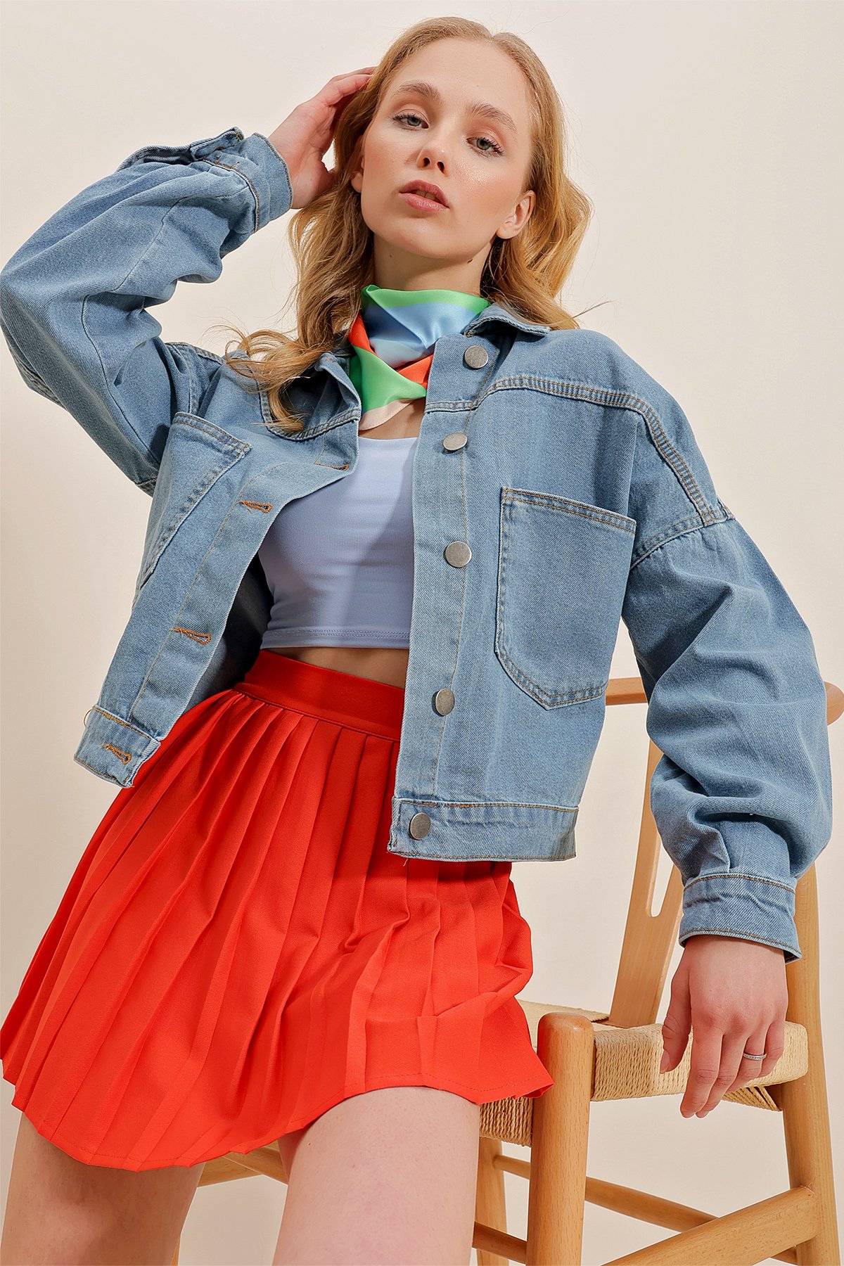 Crop Denim Ceket - Soluk Mavi