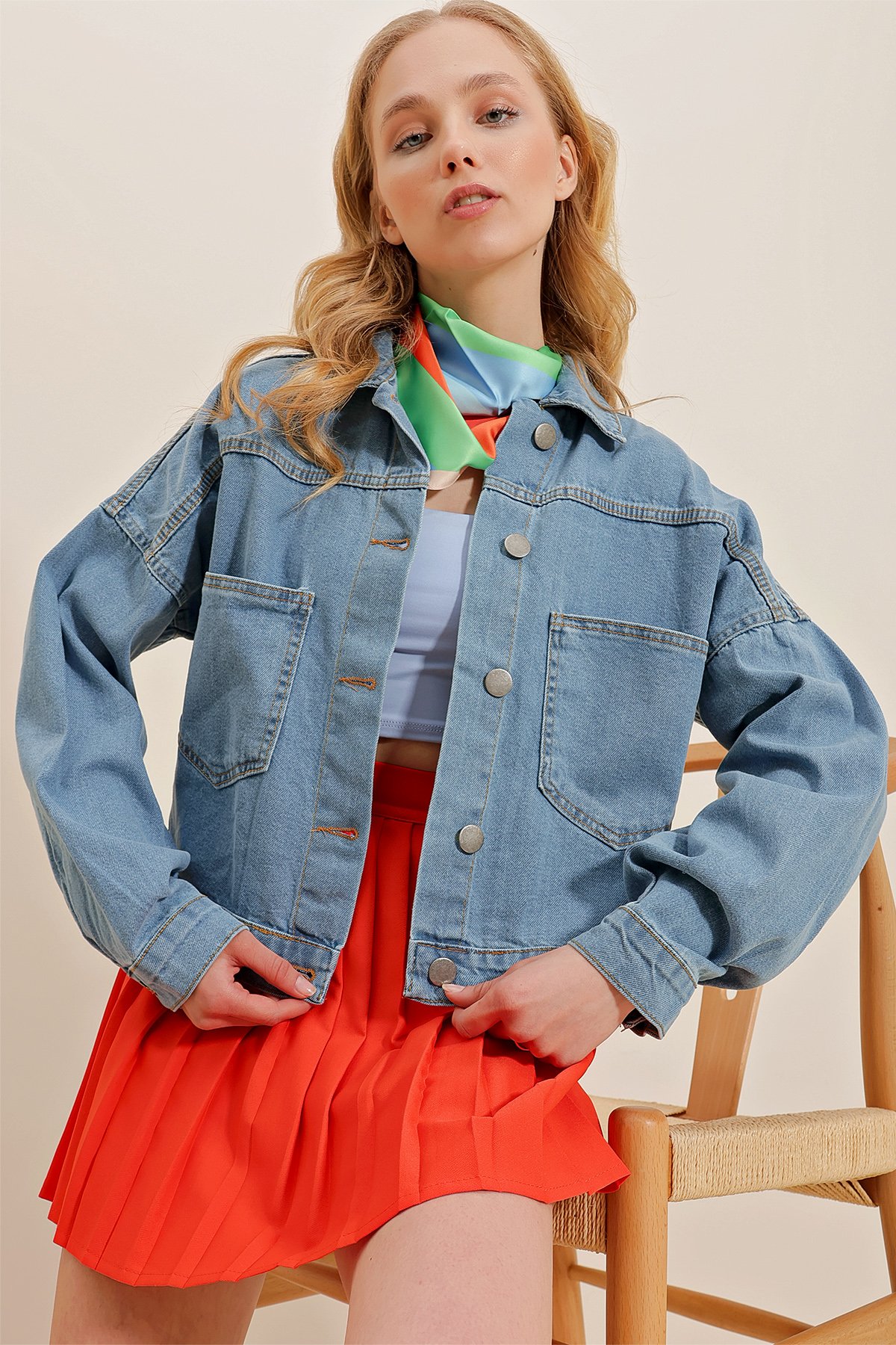 Crop Denim Ceket - Soluk Mavi