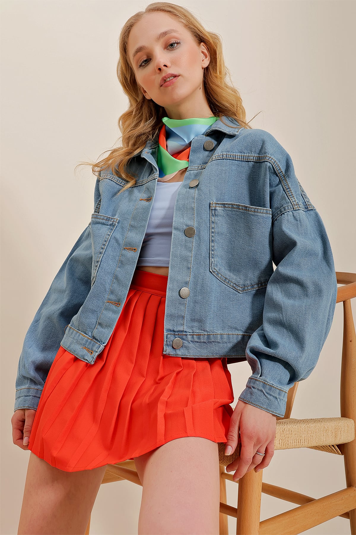 Crop Denim Ceket - Soluk Mavi