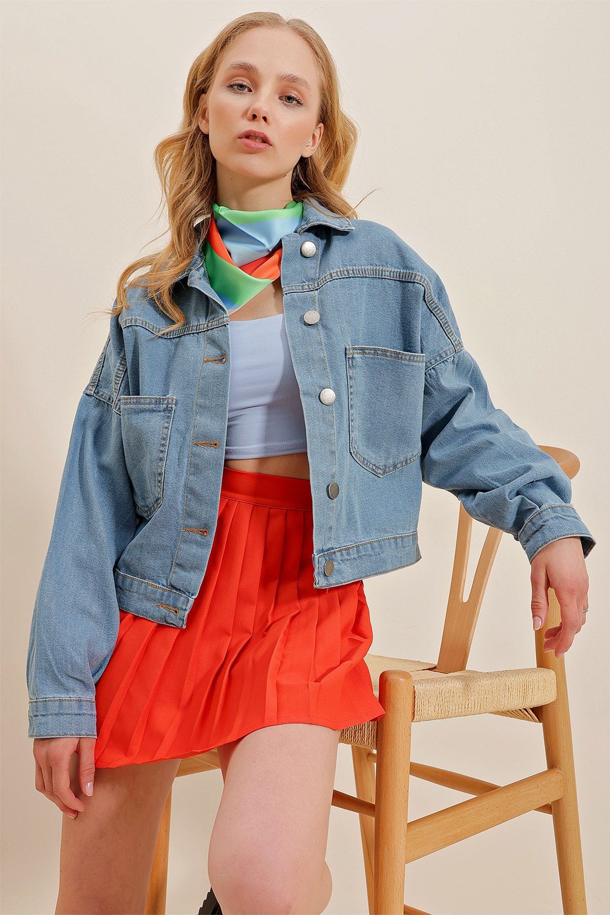Crop Denim Ceket - Soluk Mavi