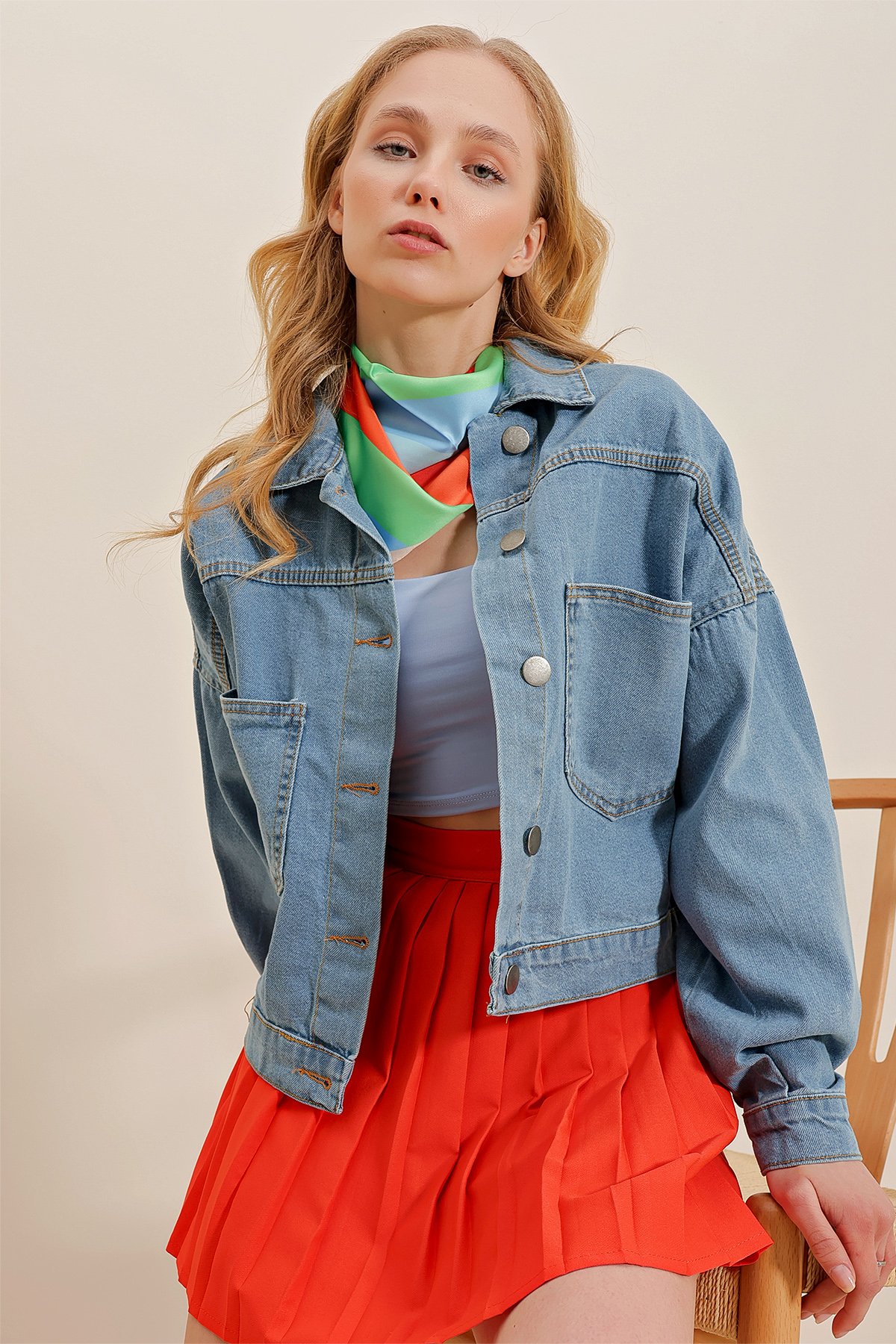 Crop Denim Ceket - Soluk Mavi