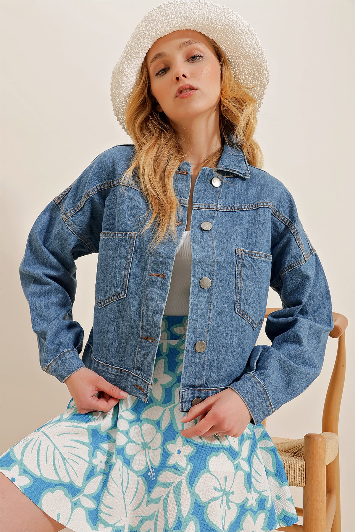 Crop Denim Ceket - Vintage Mavi